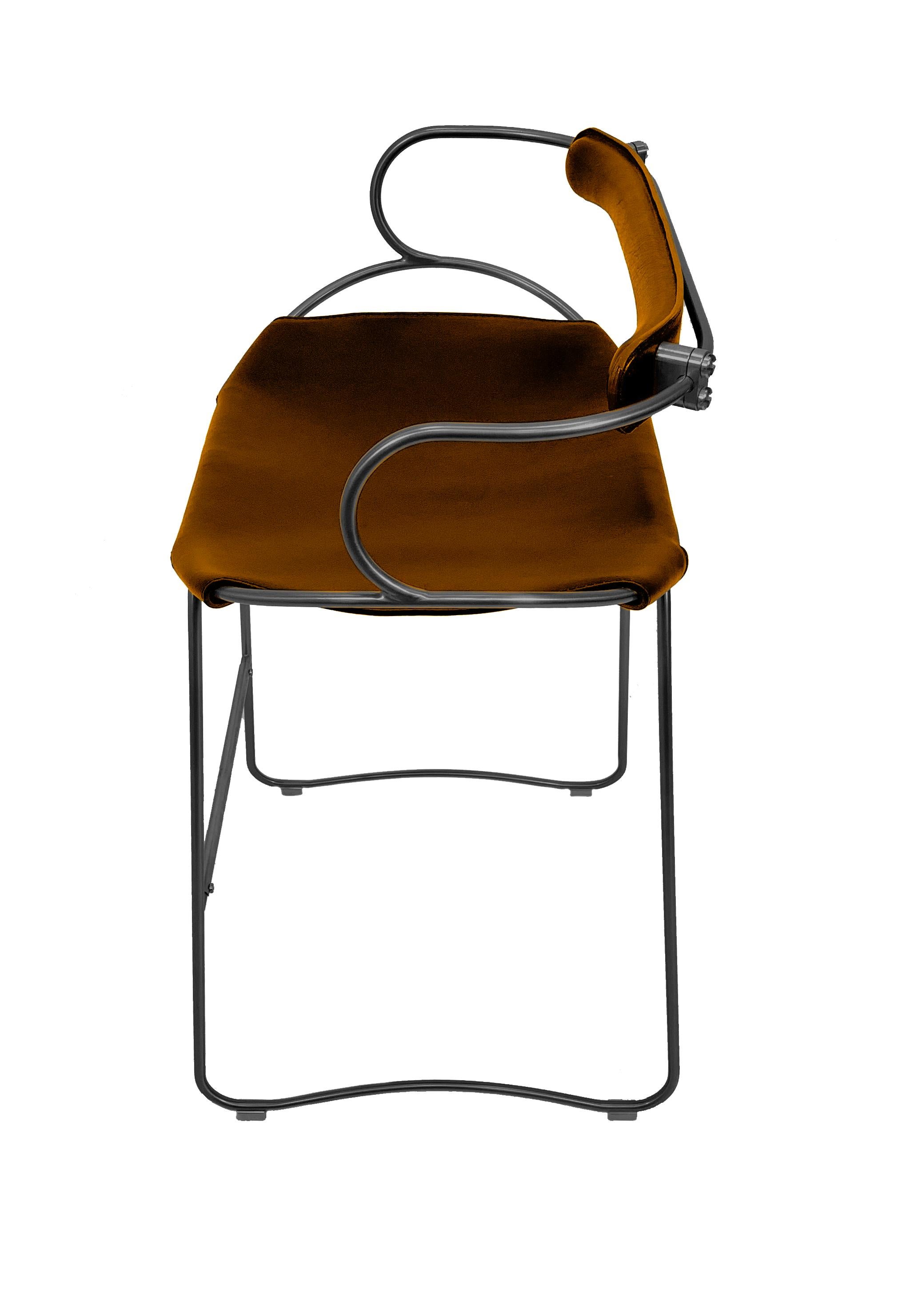Modern Contemporary Bar Stool w. Backrest Black Smoke Steel & Natural Tobacco Leather For Sale