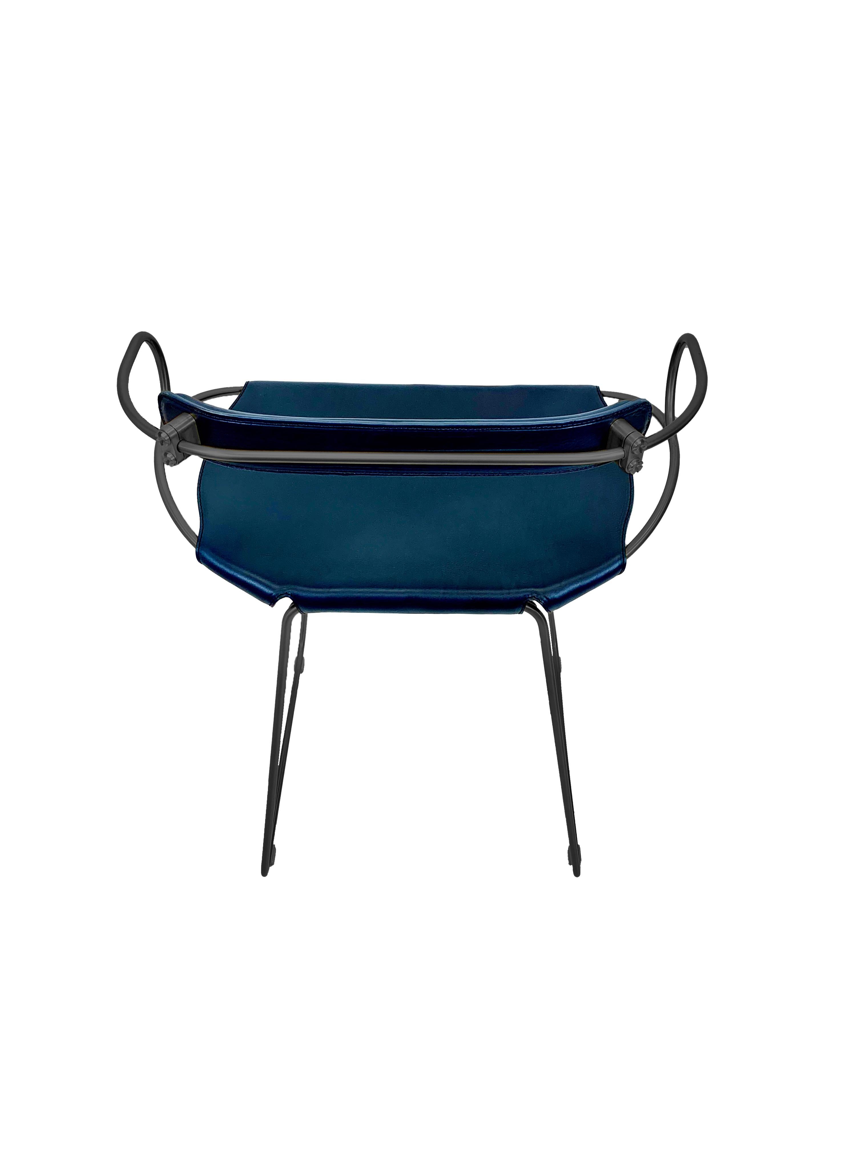 Modern Organic Contemporary Bar Stool w Backrest Black Smoke Metal & Blue Navy Leather For Sale