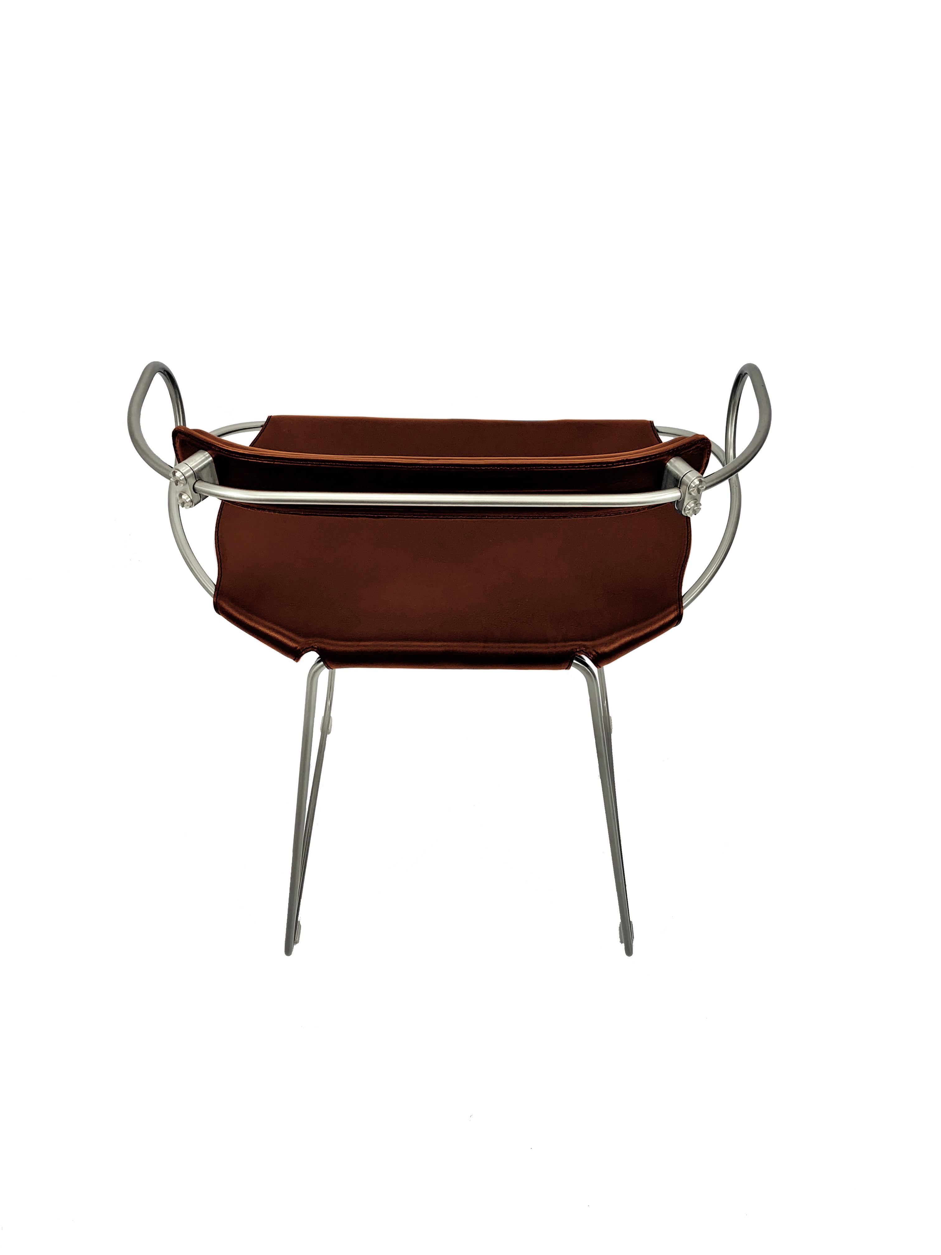 Modern Contemporary Sculptural Bar Stool w. Backrest Old Silver Steel & Cognac Leather For Sale