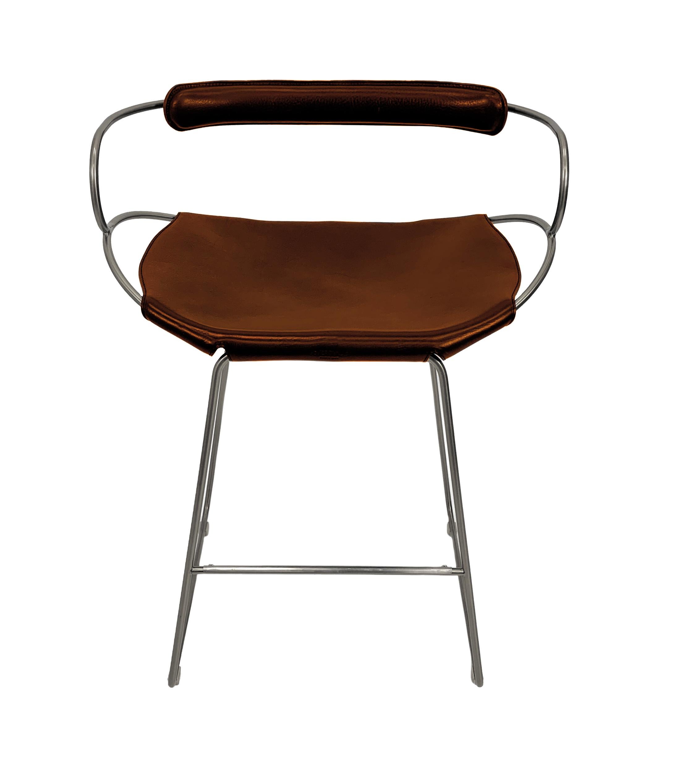 Contemporary Sculptural Bar Stool w. Backrest Old Silver Steel & Cognac Leather For Sale
