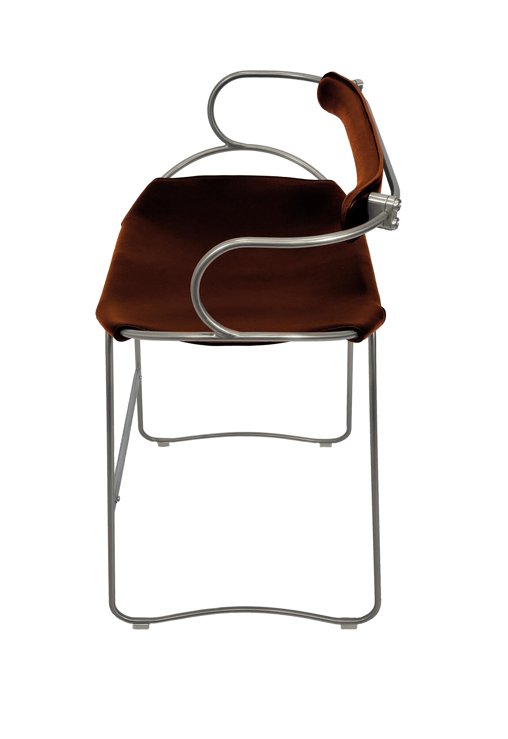 Spanish Contemporary Sculptural Bar Stool w. Backrest Old Silver Steel & Cognac Leather For Sale