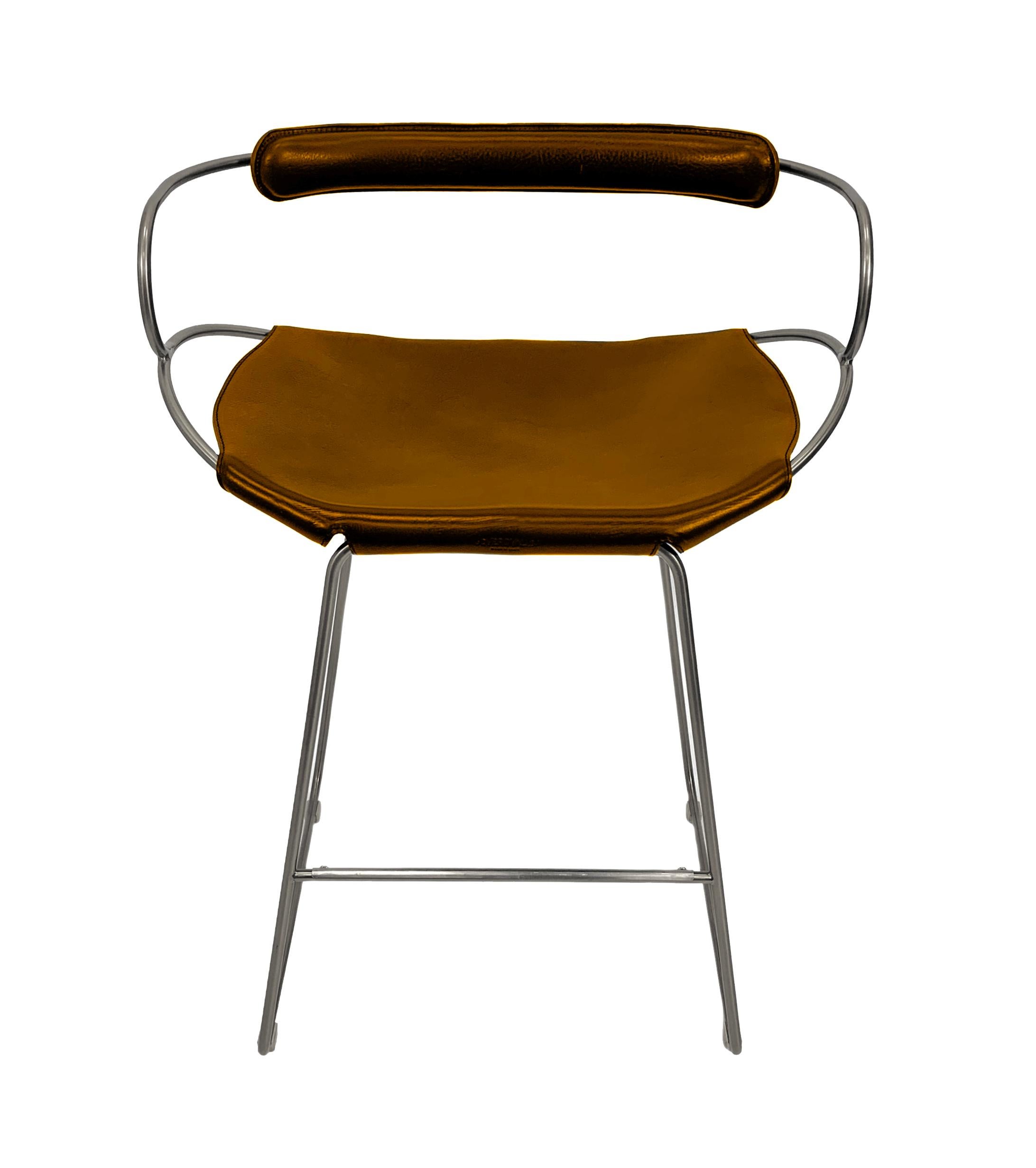 Bar Stool with Backrest Old Silver Steel and Natural Tobacco Saddler Leather