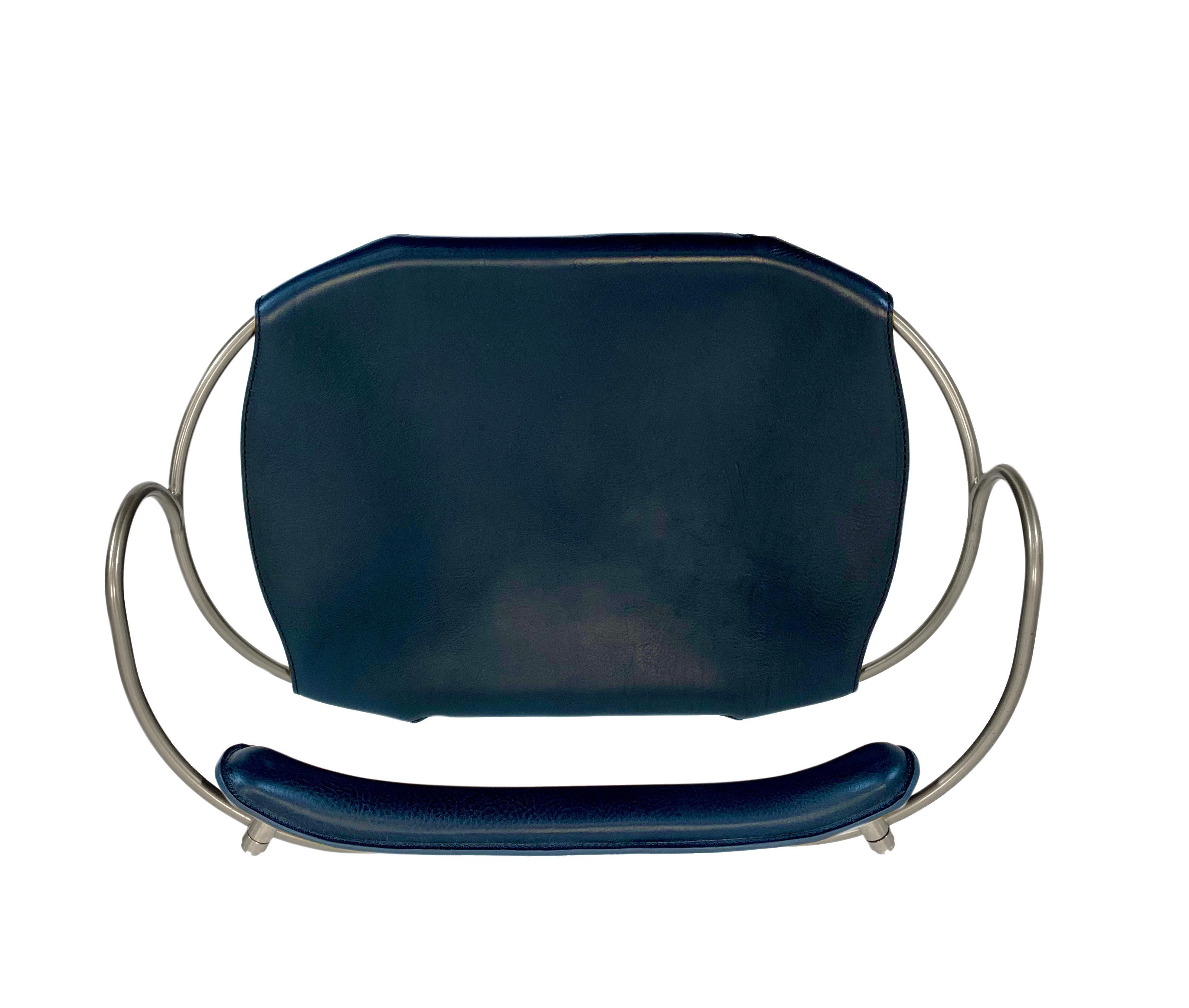 Modern Contemporary Sculptural Bar Stool w. Backrest Old Silver Metal & Navy Leather For Sale