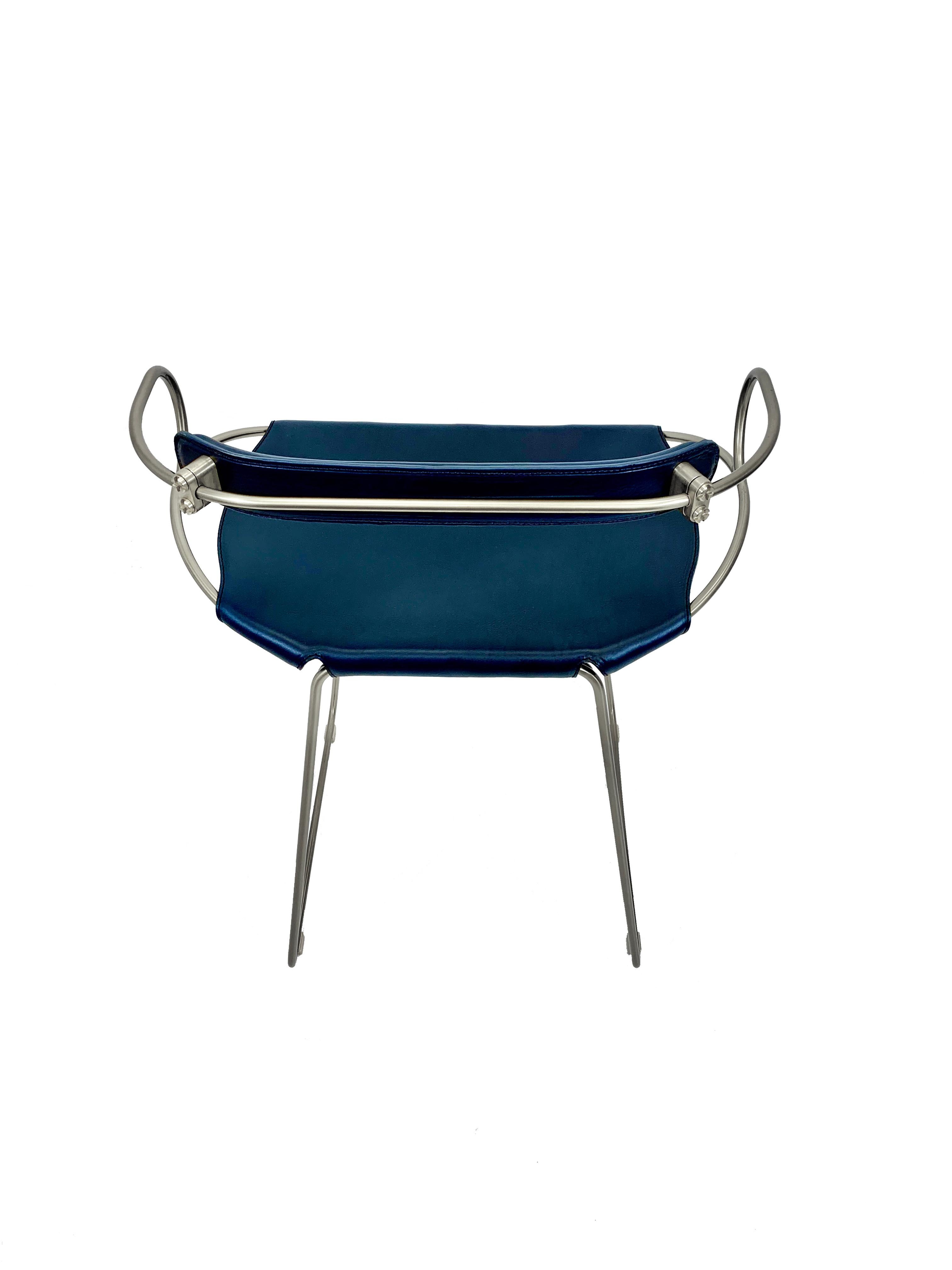 Spanish Contemporary Sculptural Bar Stool w. Backrest Old Silver Metal & Navy Leather For Sale