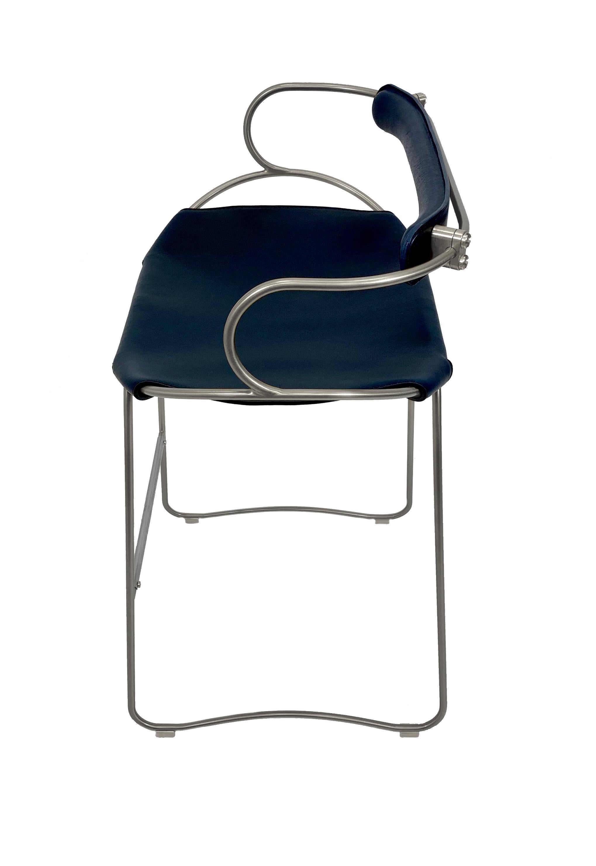 Polished Contemporary Sculptural Bar Stool w. Backrest Old Silver Metal & Navy Leather For Sale