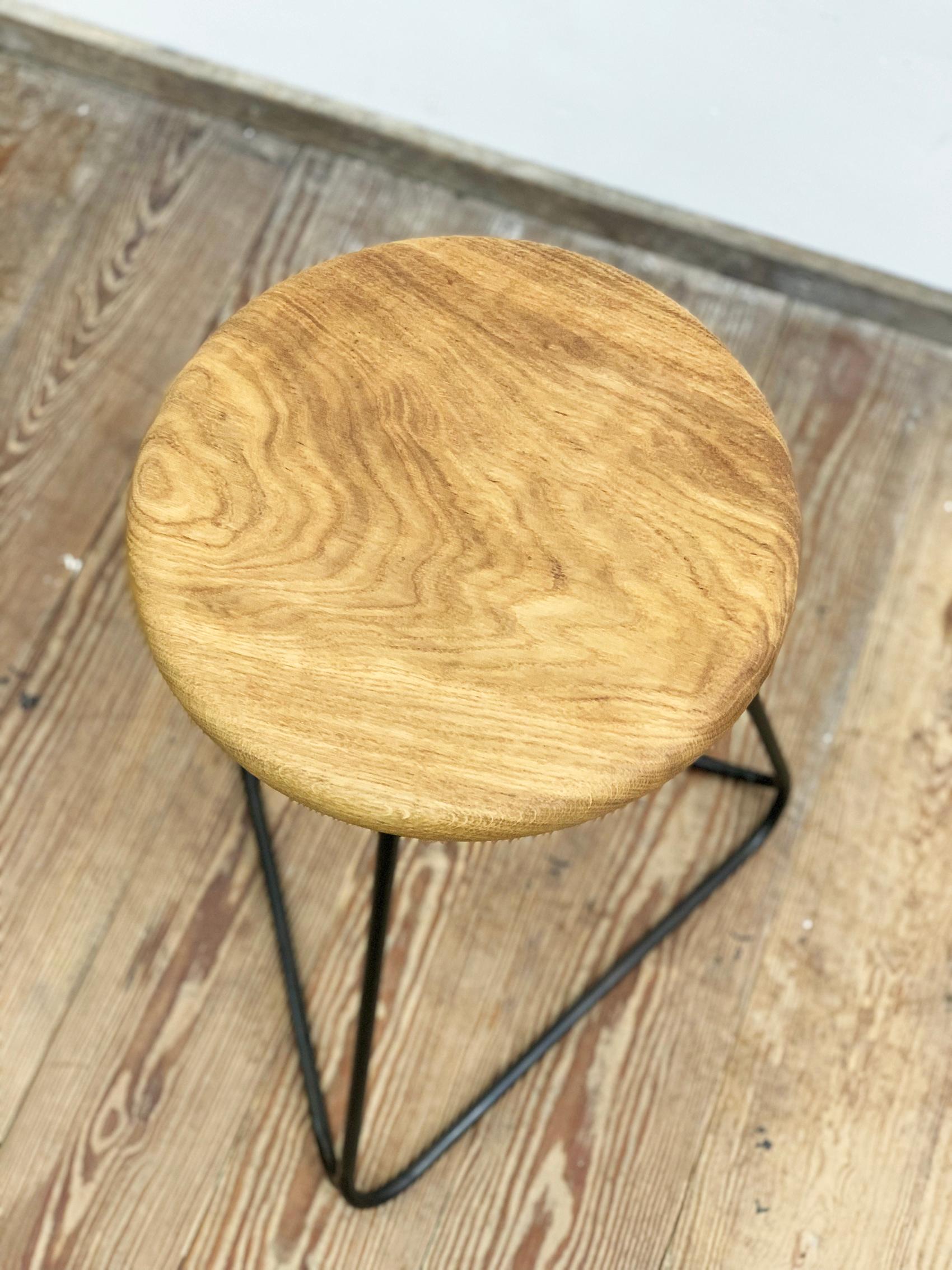 Bar Stool with Black Steel Frame and Massive Oak Seat For Sale 6