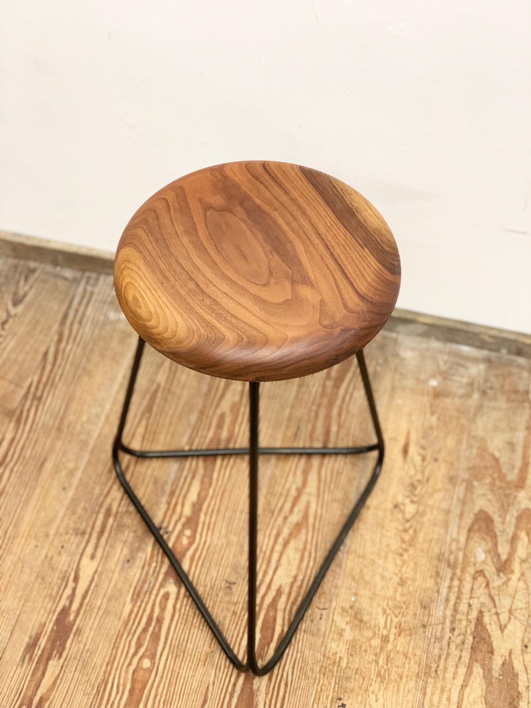 Turned Bar Stool with Black Steel Frame and Massive Walnut Seat For Sale