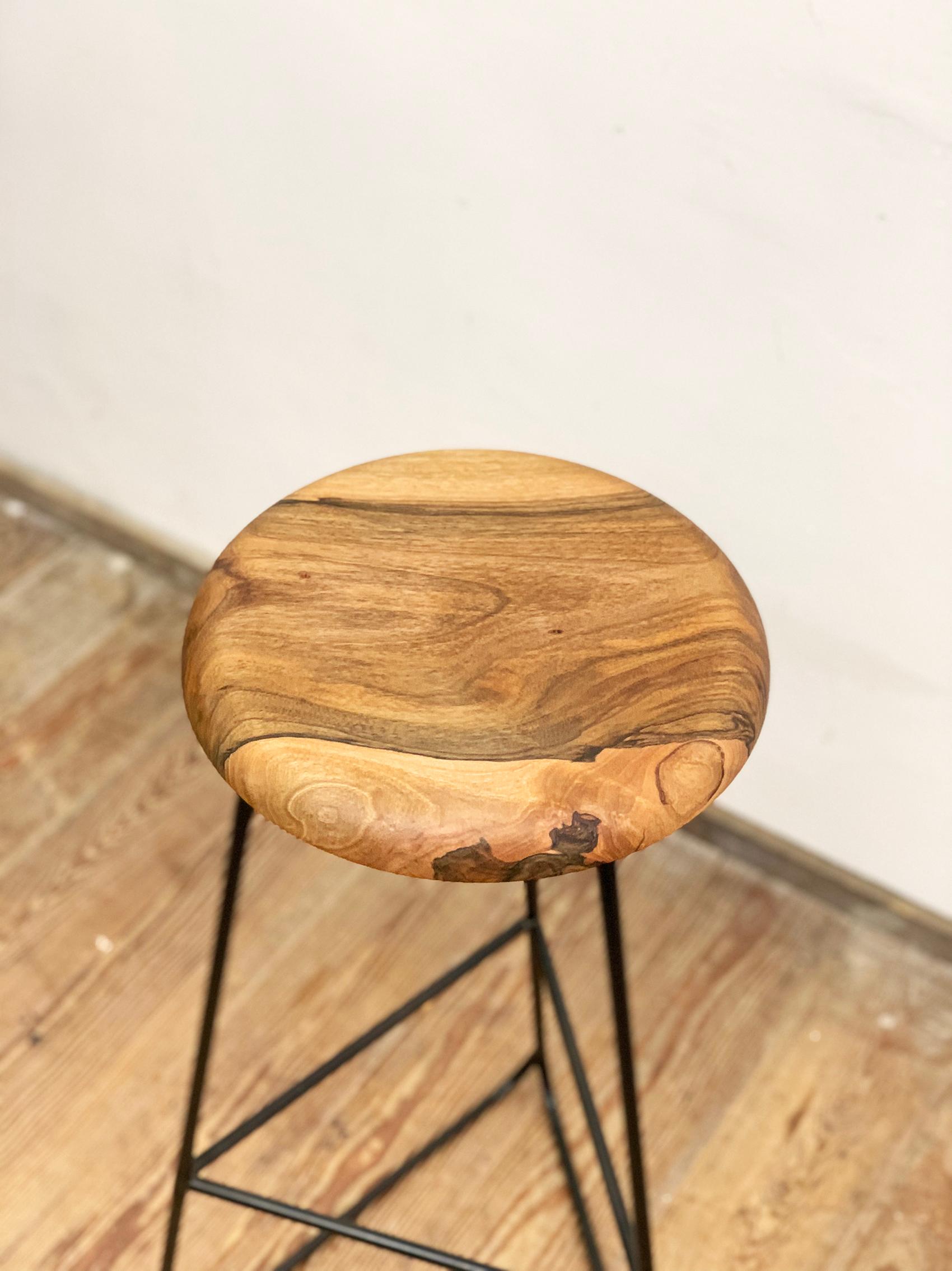 Contemporary Bar Stool with Black Steel Frame and Massive Walnut Seat For Sale