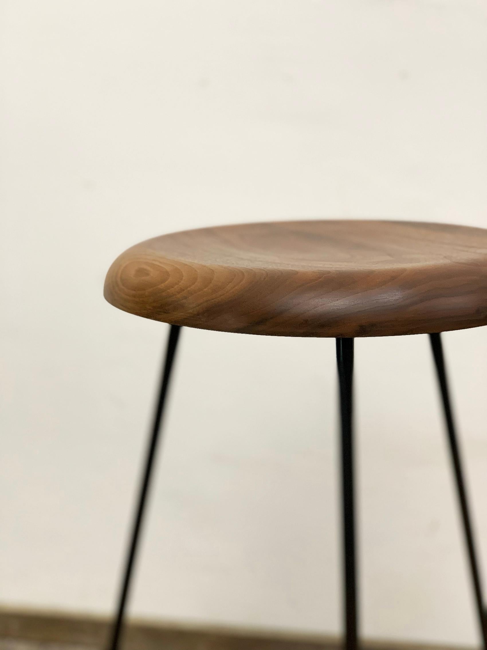 Contemporary Bar Stool with Black Steel Frame and Massive Walnut Seat For Sale