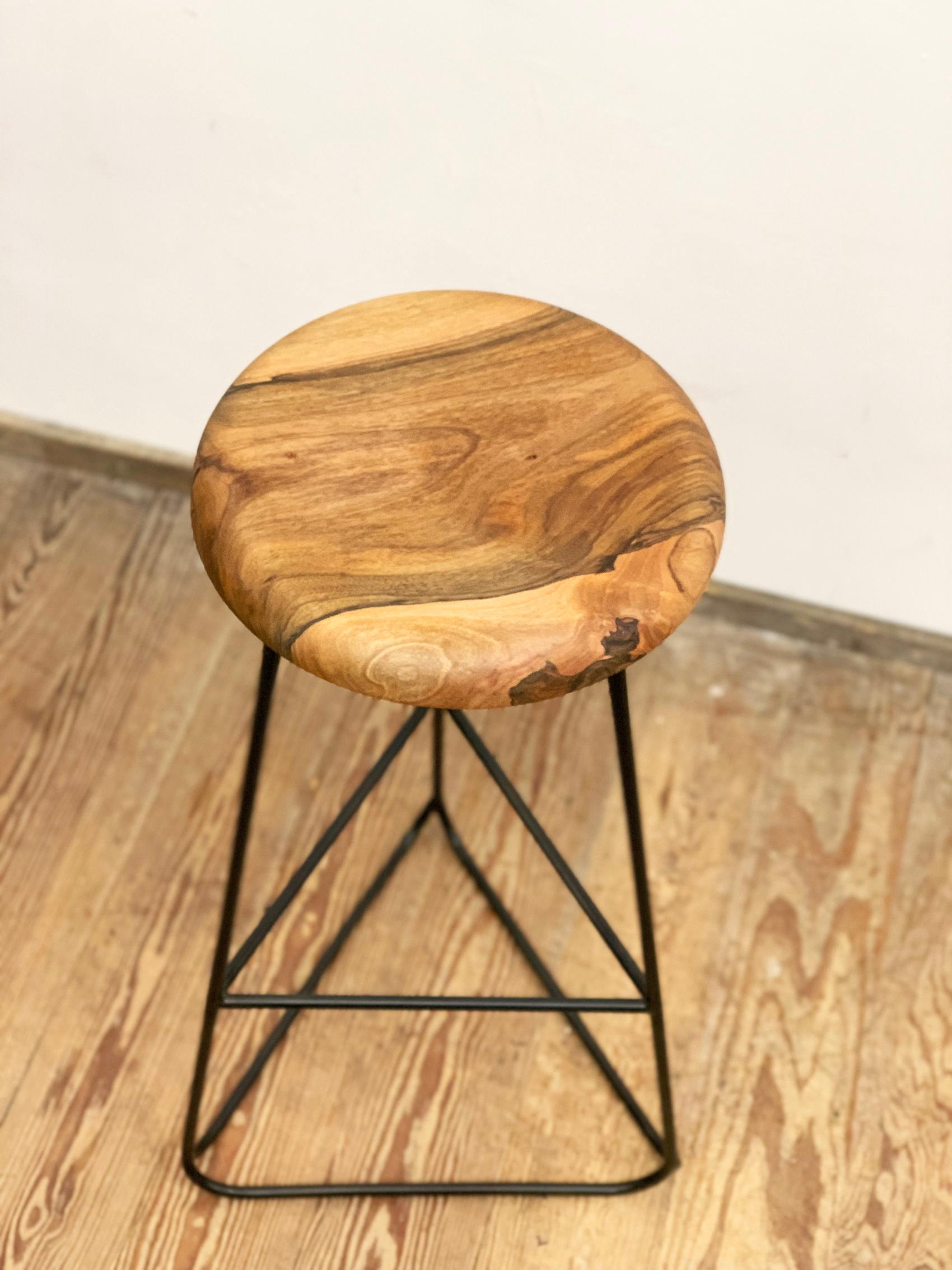 Wood Bar Stool with Black Steel Frame and Massive Walnut Seat For Sale