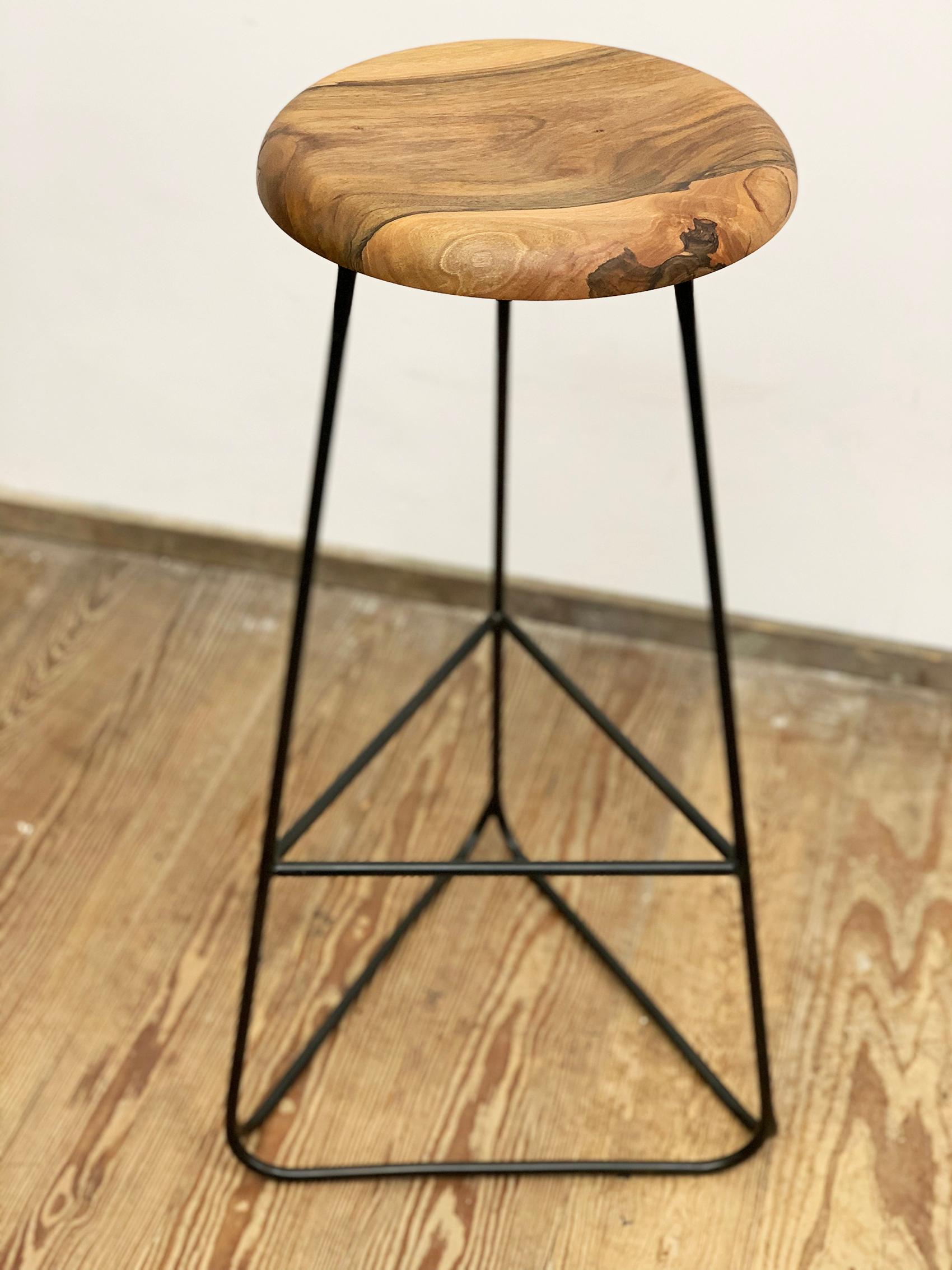 Bar Stool with Black Steel Frame and Massive Walnut Seat For Sale 1