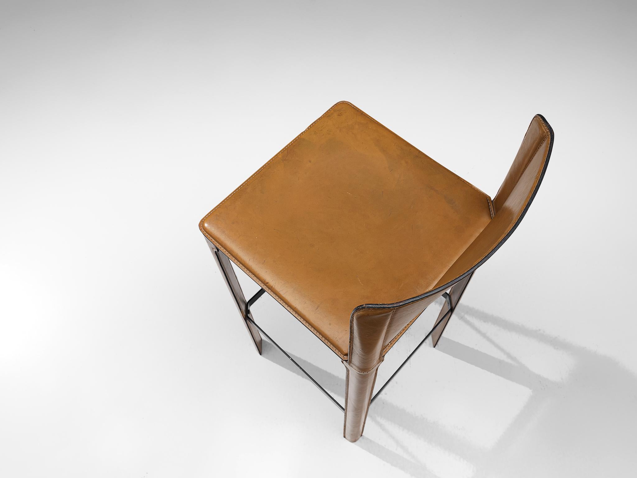 Metal Bar Stools by Matteo Grassi in Brown Leather