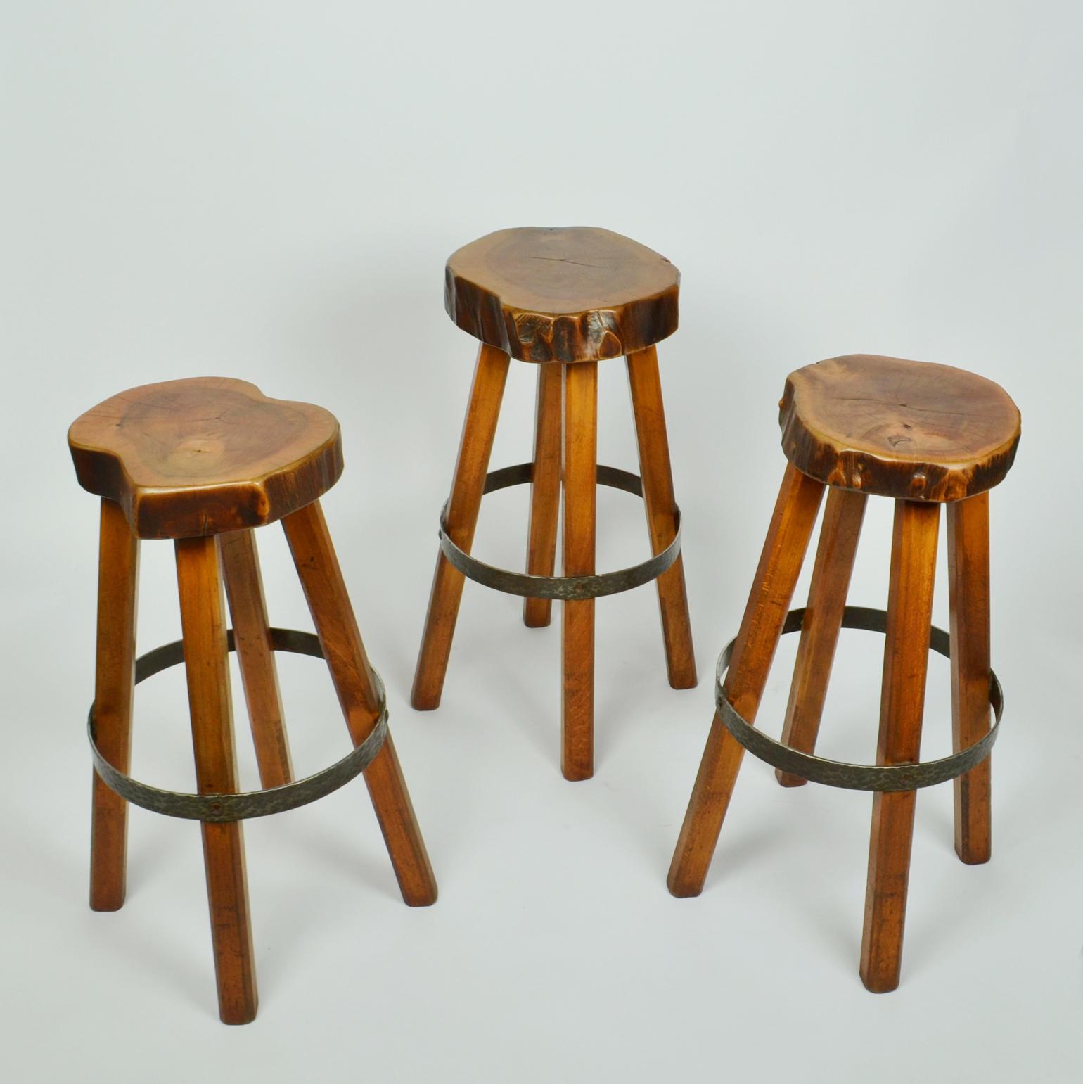 Mid-Century Modern Bar Stools Handcrafted Burr Wood 1970s  For Sale