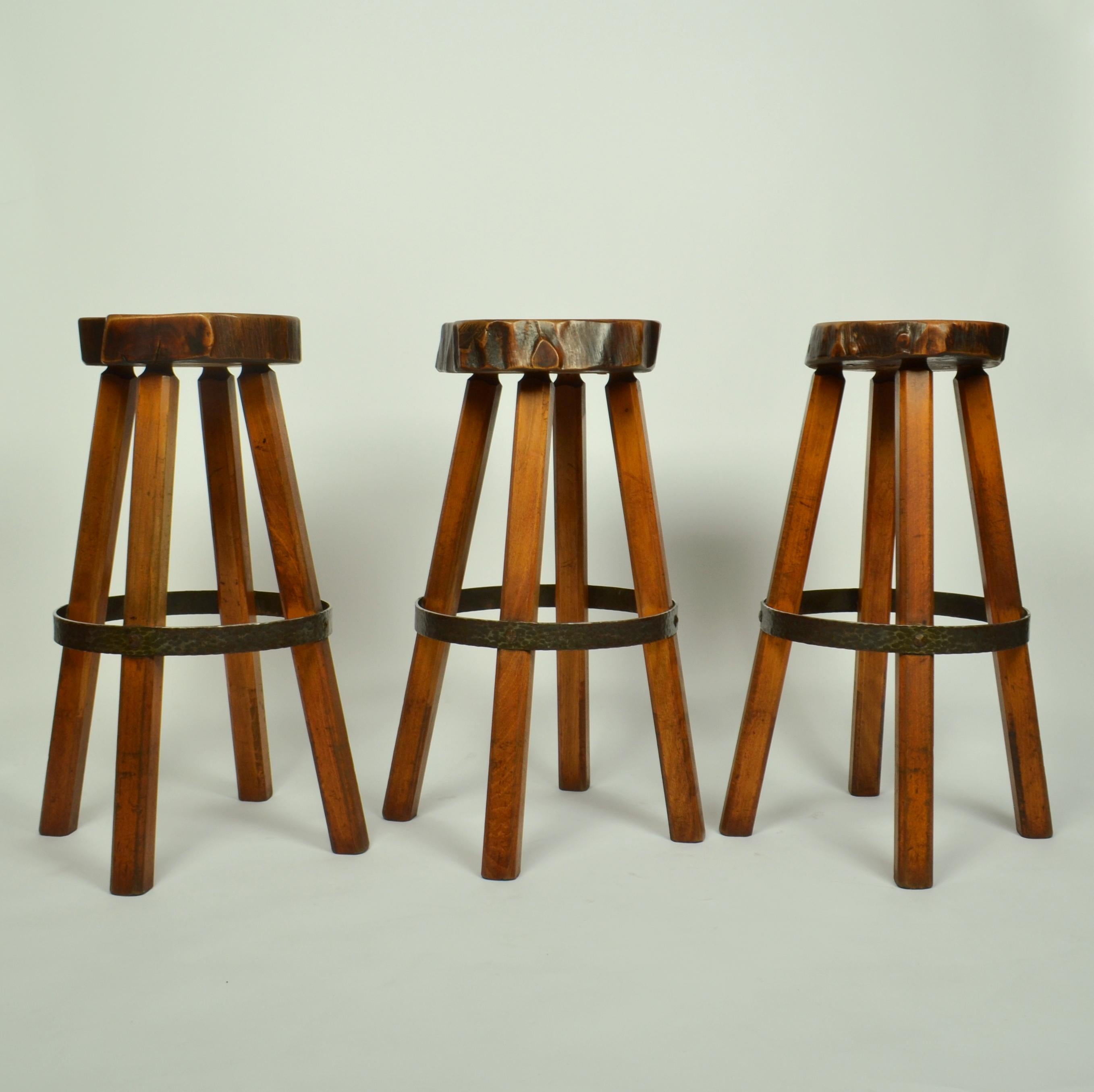 Hand-Crafted Bar Stools Handcrafted Burr Wood 1970s  For Sale