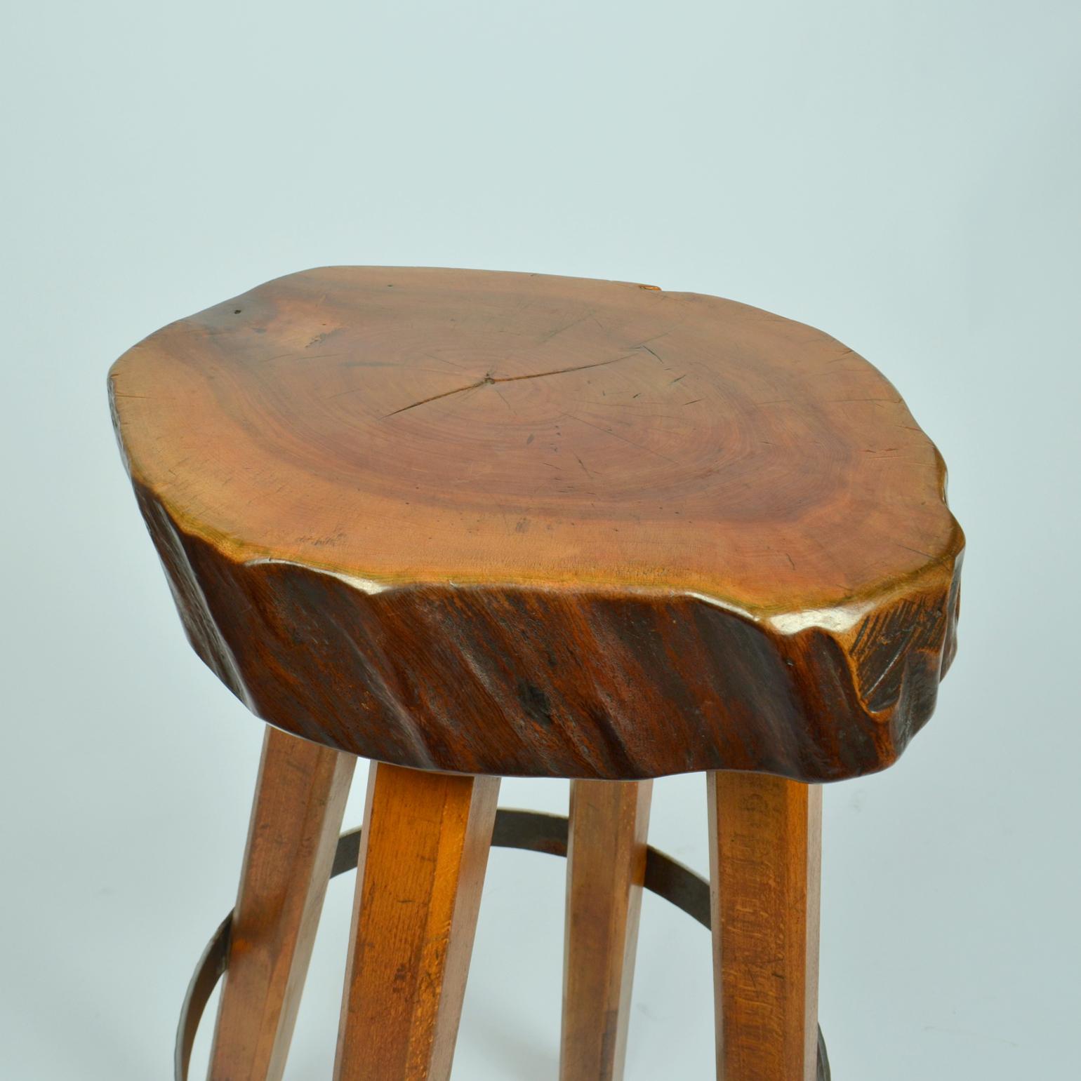 Steel Bar Stools Handcrafted Burr Wood 1970s  For Sale