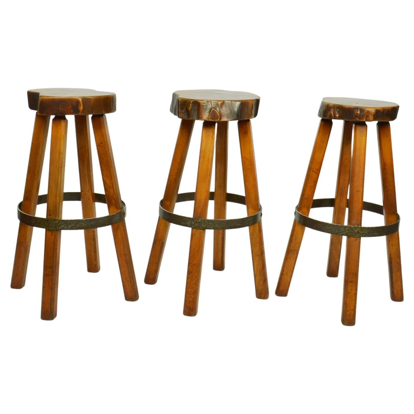 Bar Stools Handcrafted Burr Wood 1970s 