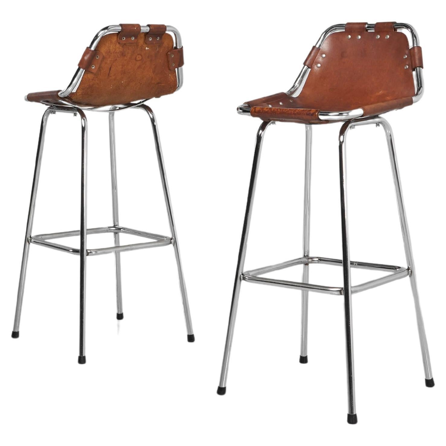 Bar stools in leather and chrome set of 2 France 1960