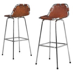 Retro Bar stools in leather and chrome set of 2 France 1960