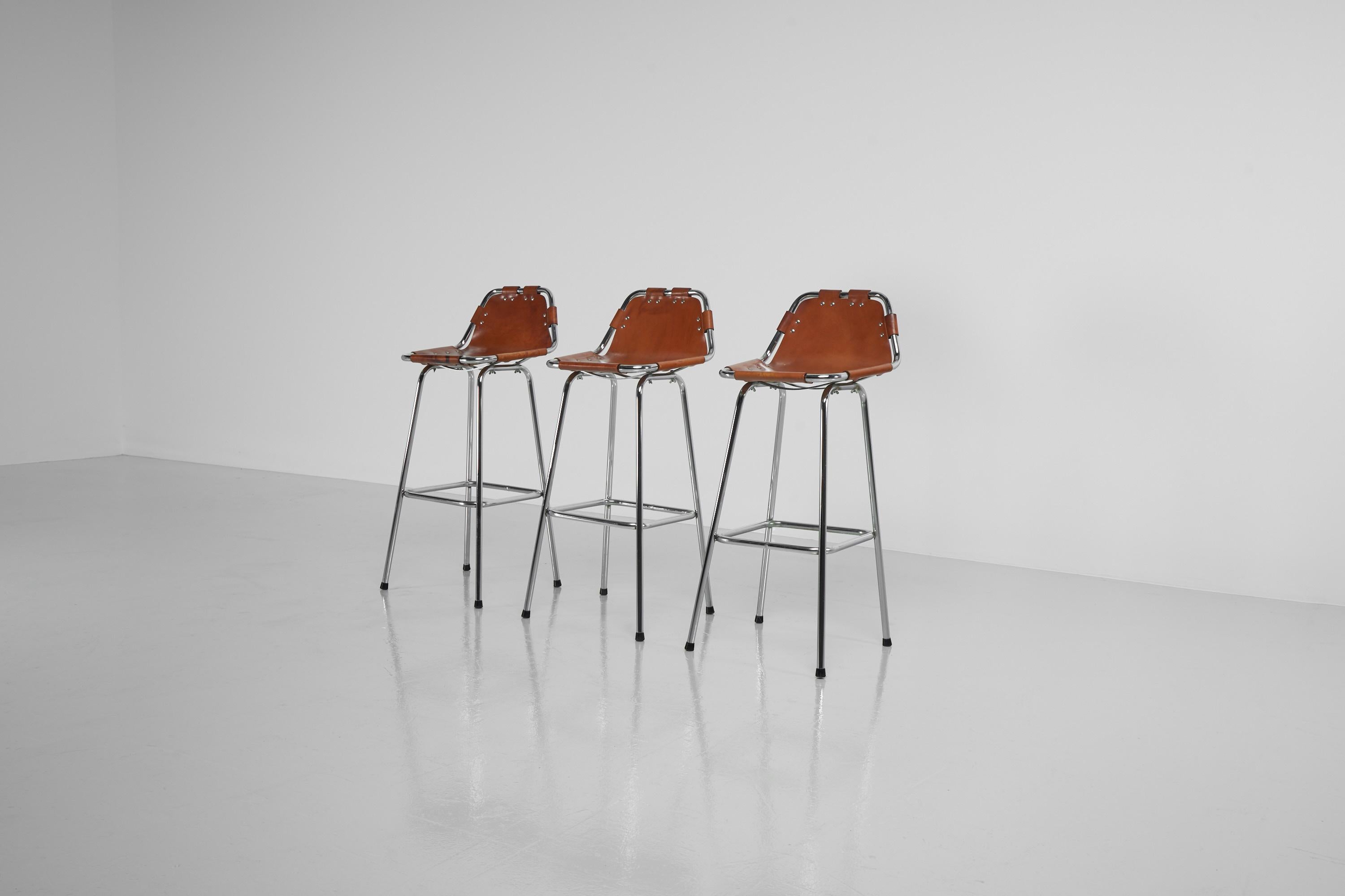 Mid-Century Modern Bar Stools in Leather and Chrome Set of 3, France, 1960