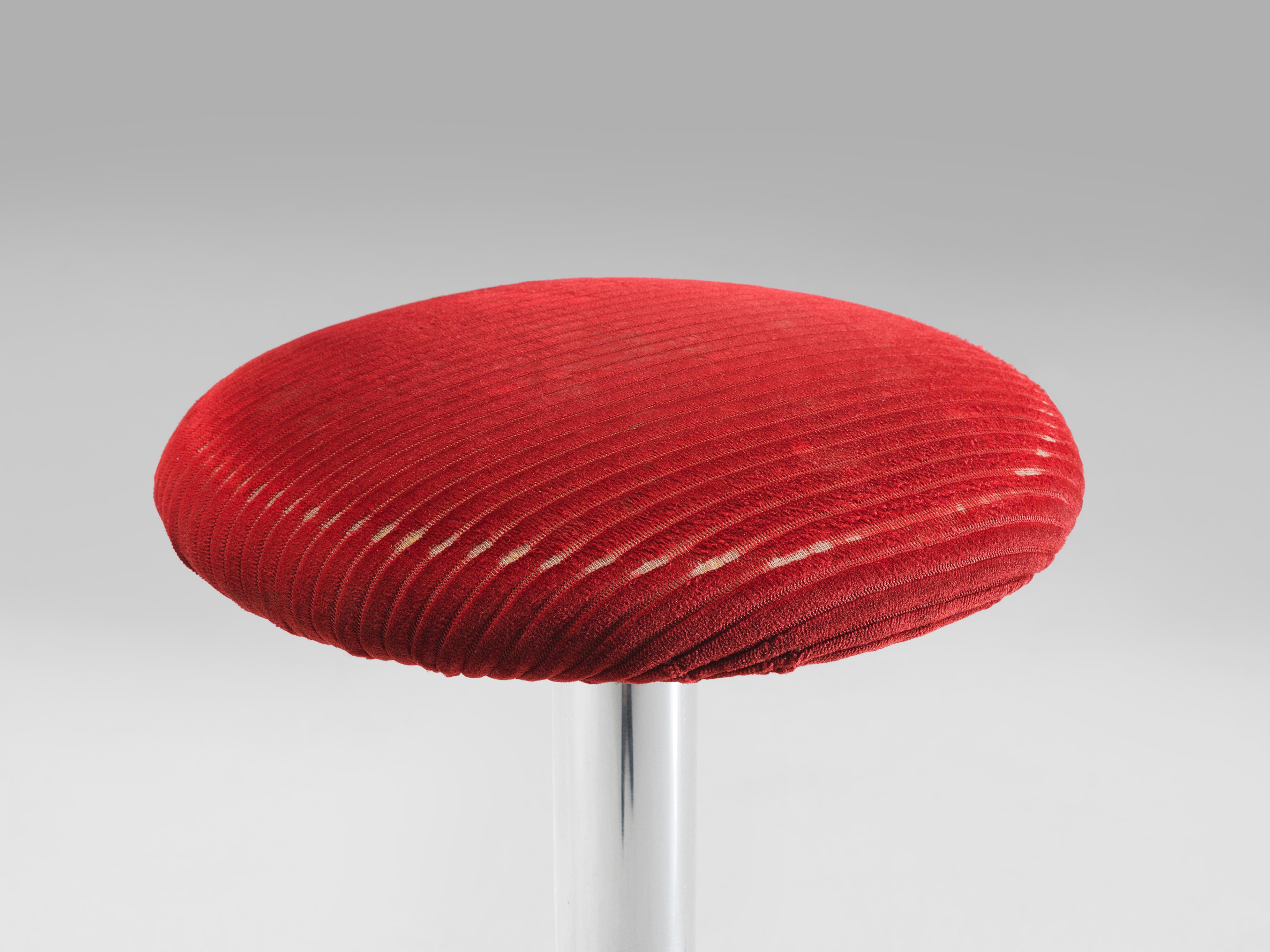 Post-Modern Bar Stools in Metal and Red Corduroy Upholstery  For Sale