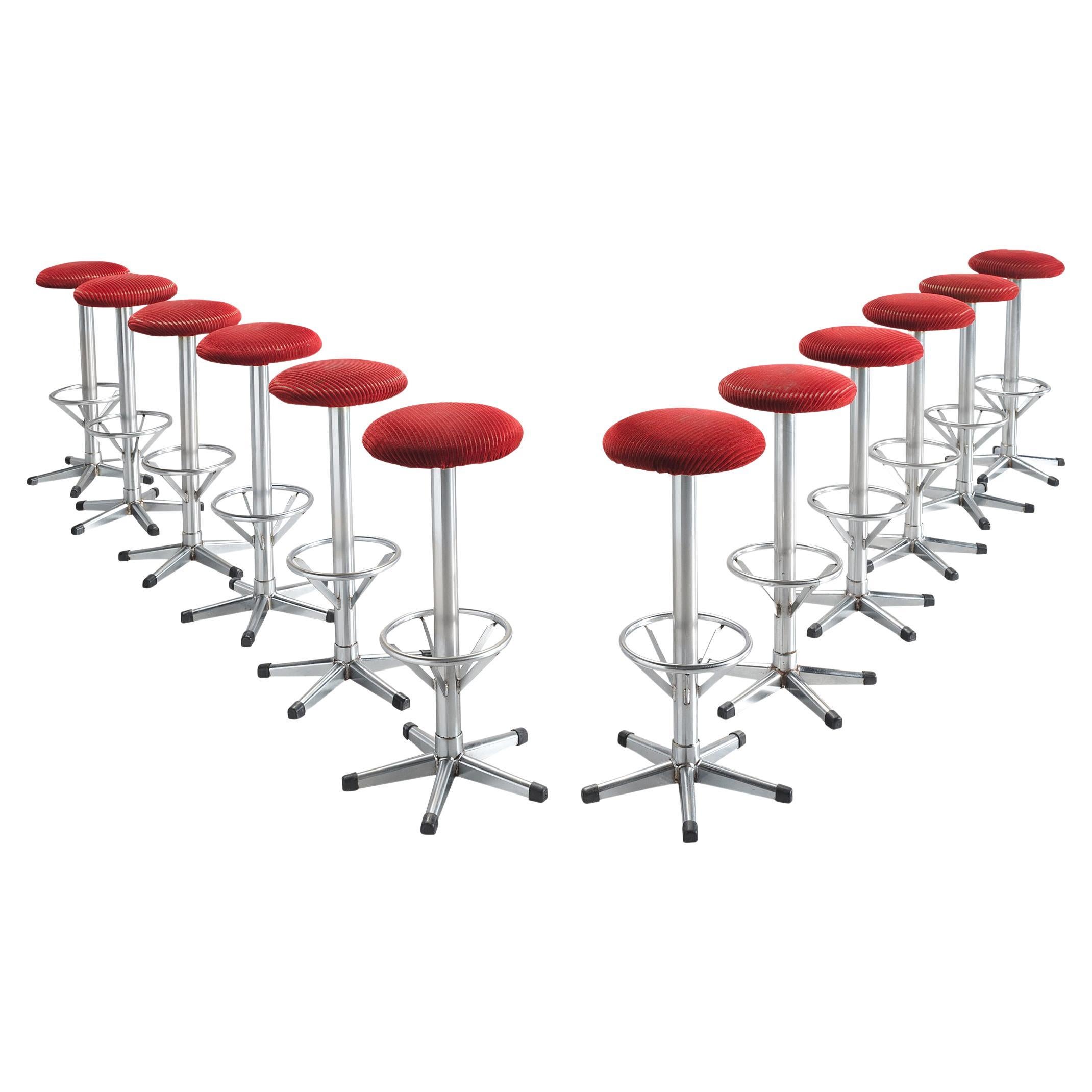 Bar Stools in Metal and Red Corduroy Upholstery 