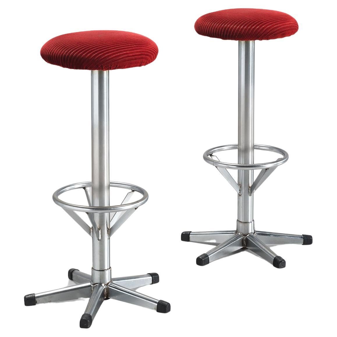 Bar Stools in Metal and Red Corduroy Upholstery  For Sale