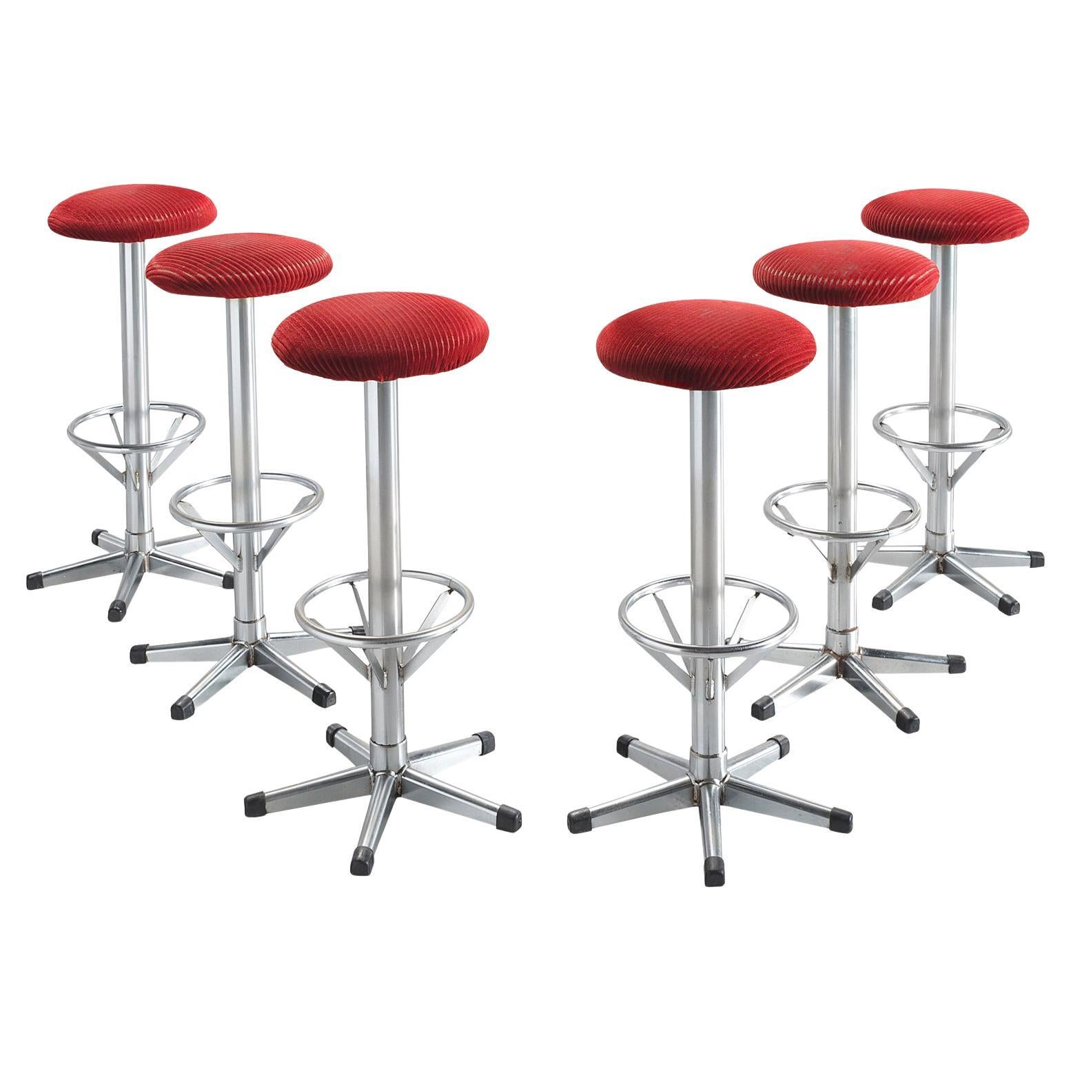 Bar Stools in Metal and Red Corduroy Upholstery