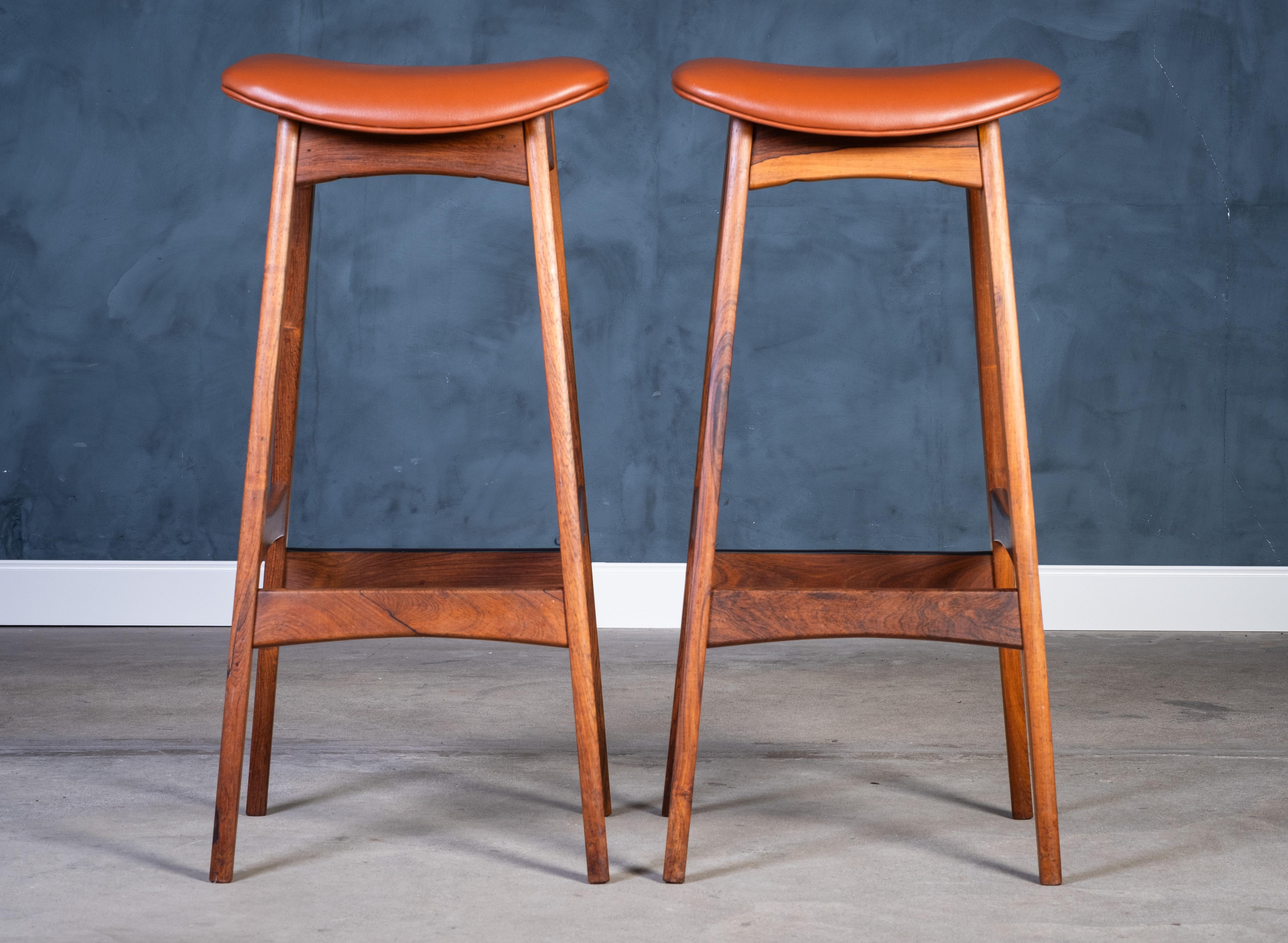 Danish Bar Stools in Rosewood with Cognac Leather by Erik Buch for Dyrlund, 1960s For Sale