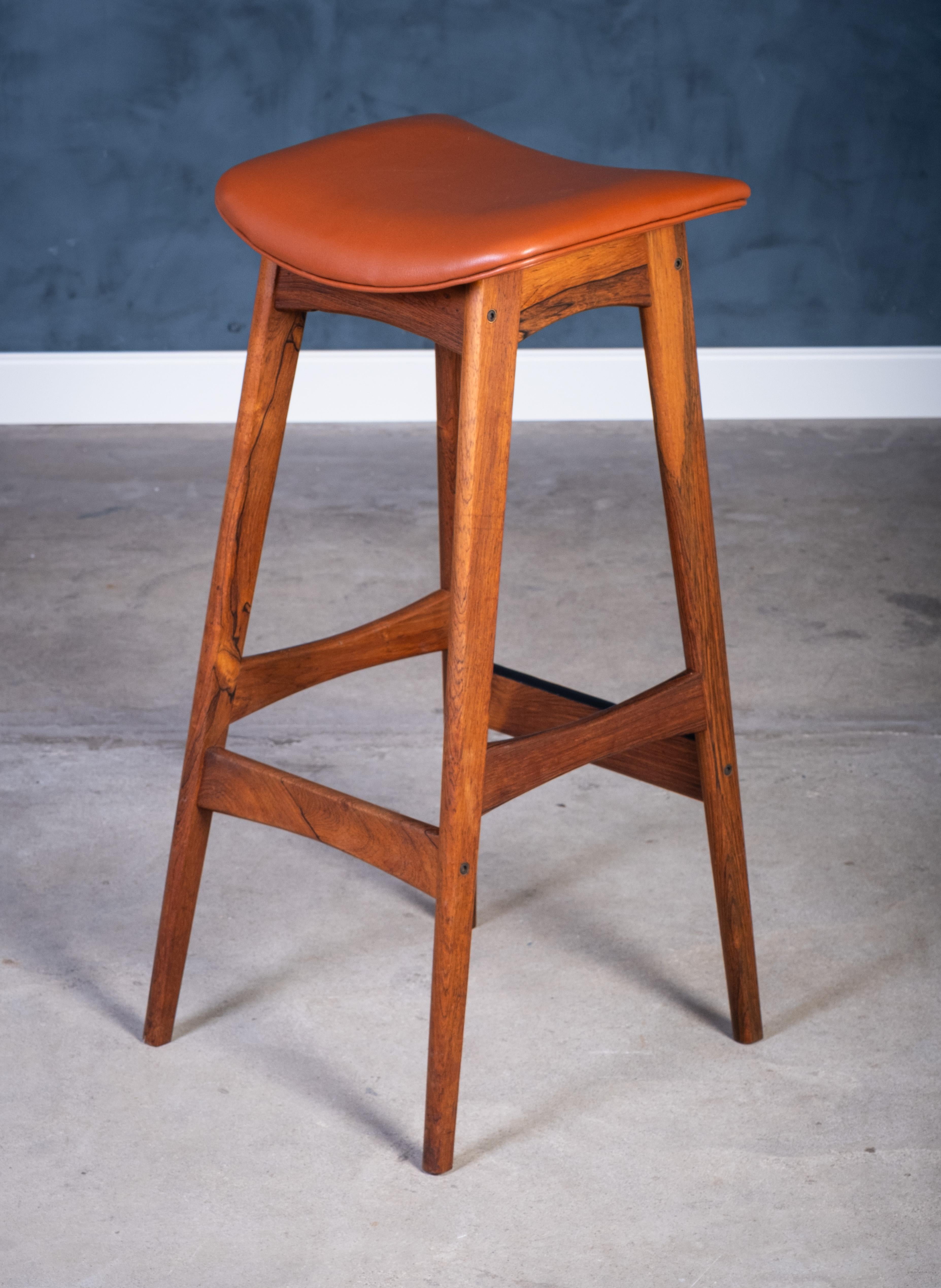 Mid-20th Century Bar Stools in Rosewood with Cognac Leather by Erik Buch for Dyrlund, 1960s For Sale