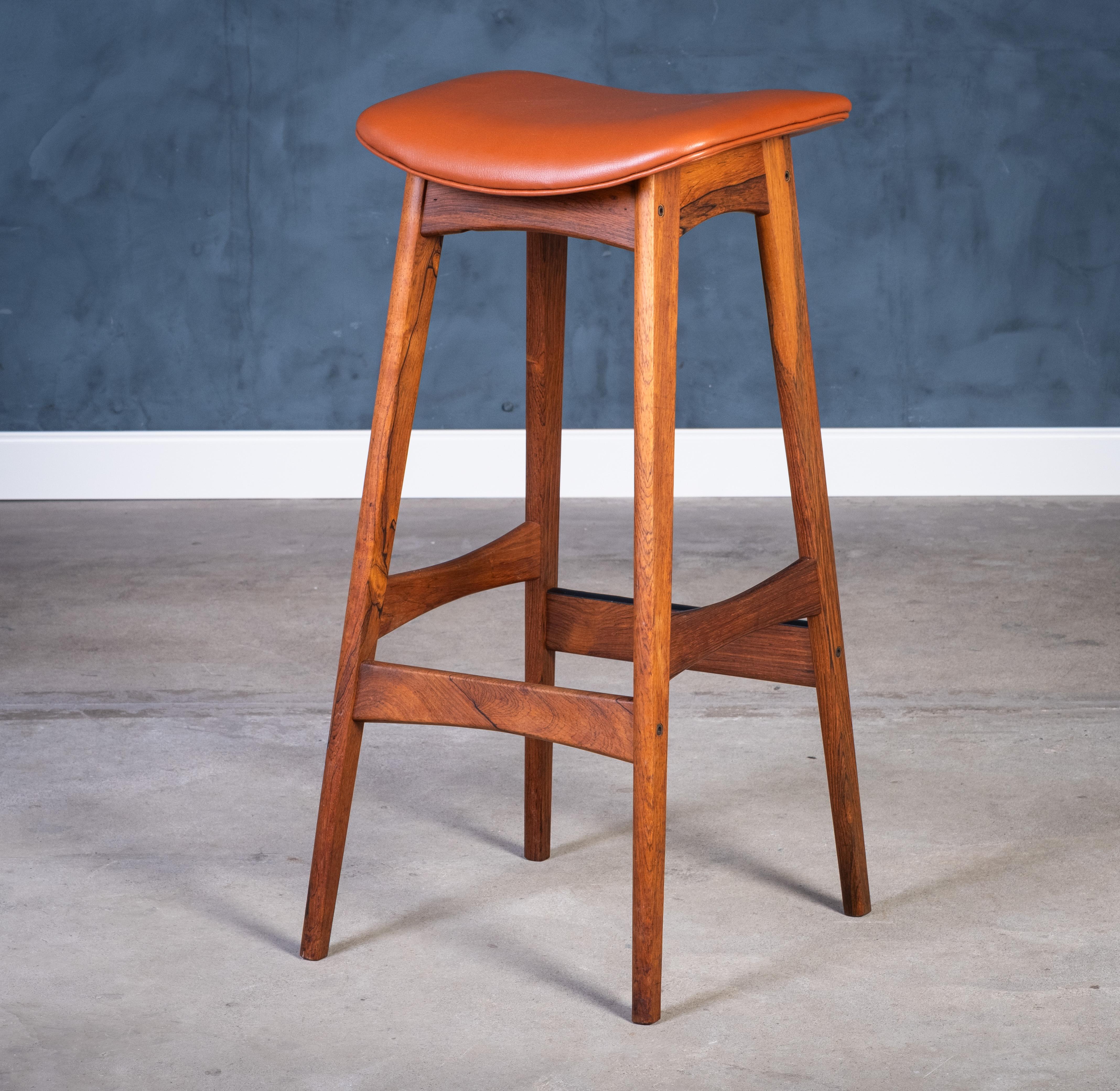 Bar Stools in Rosewood with Cognac Leather by Erik Buch for Dyrlund, 1960s For Sale 1