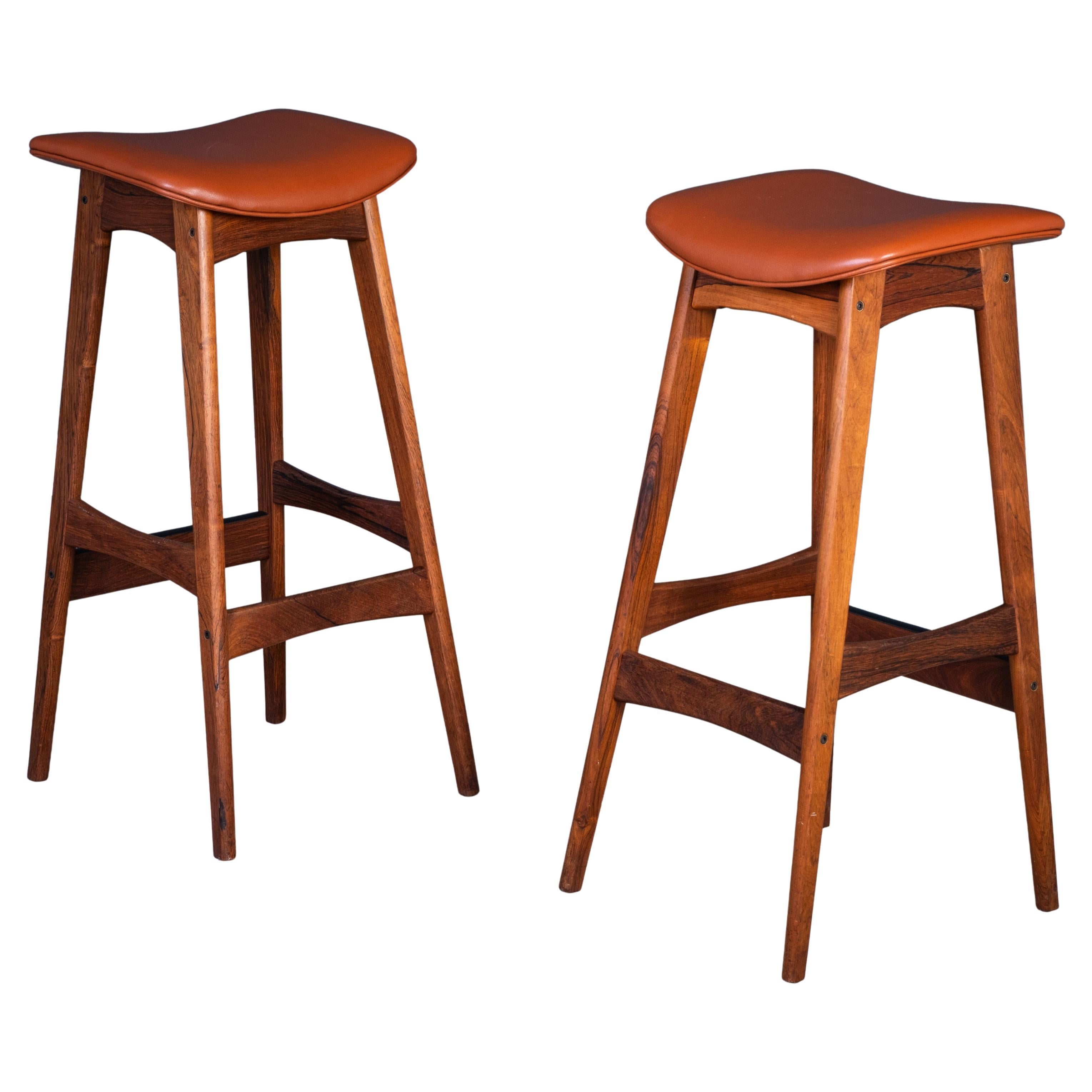 Bar Stools in Rosewood with Cognac Leather by Erik Buch for Dyrlund, 1960s For Sale
