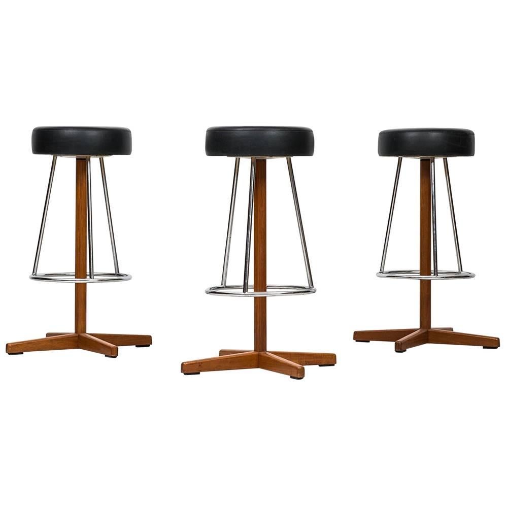 Bar Stools in Teak and Black Vinyl Probably Produced in Sweden For Sale