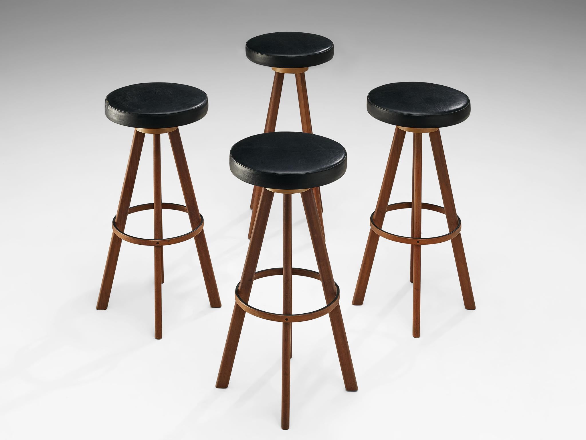 Mid-Century Modern Bar Stools in Teak and Faux Leather