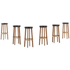 Bar Stools in Teak, Brass and Leather Produced in Sweden