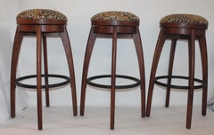 Bar Stools Midcentury Walnut with Upholstered Swivel, Set of 3