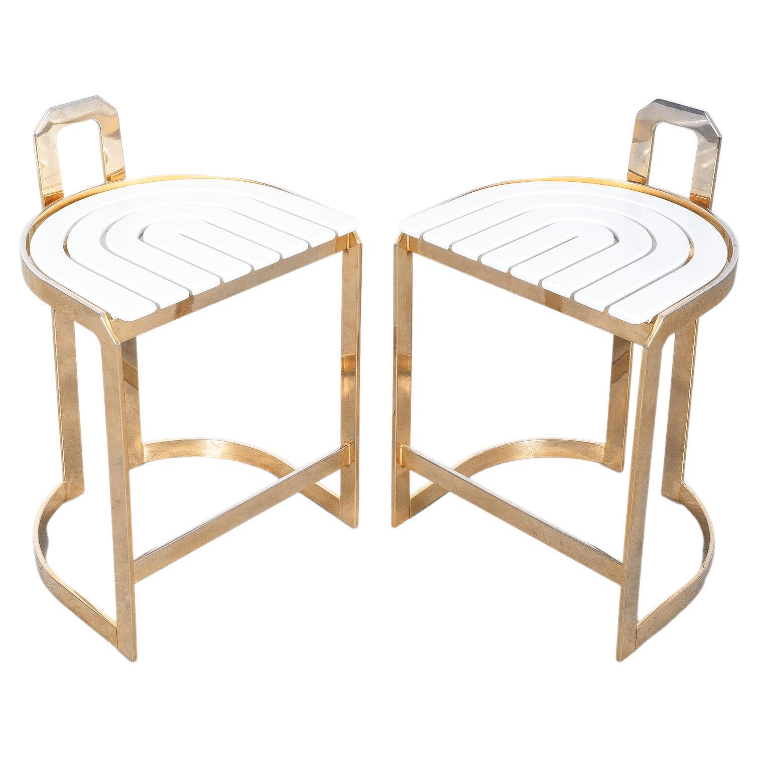 Bar Stools Midcentury From Steel and Wood White Gold, Italy For Sale