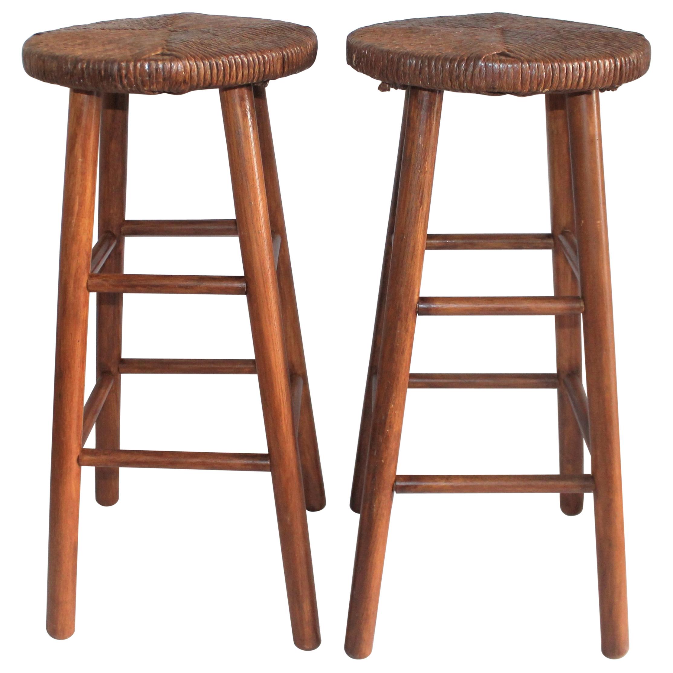 Bar Stools, Pine and Woven Rattan Seats, Pair