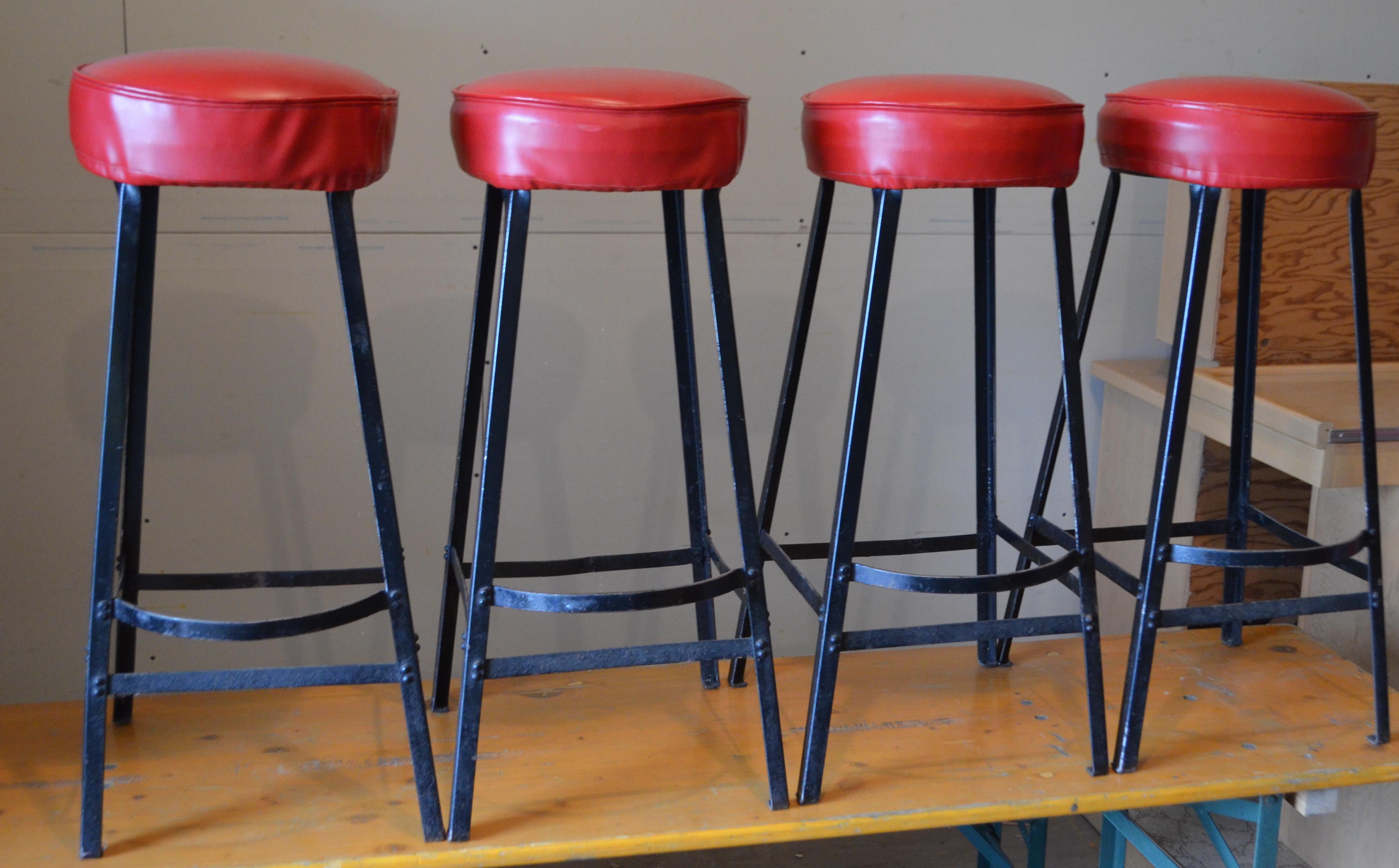 Bar Stools with Black Steel Frames and Startlingly Red Vinyl Seats. Set of 8 4