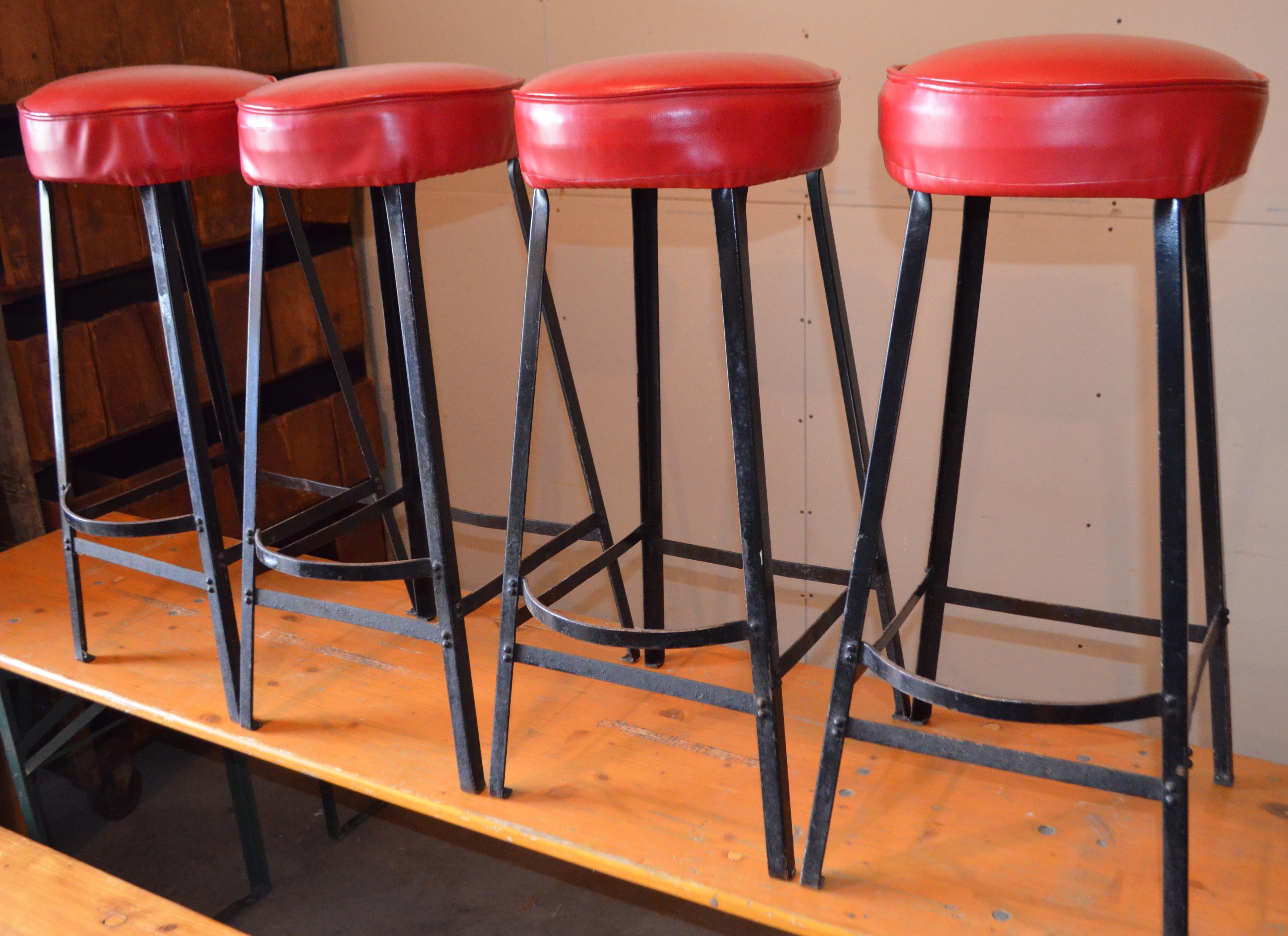 Bar Stools with Black Steel Frames and Startlingly Red Vinyl Seats. Set of 8 5