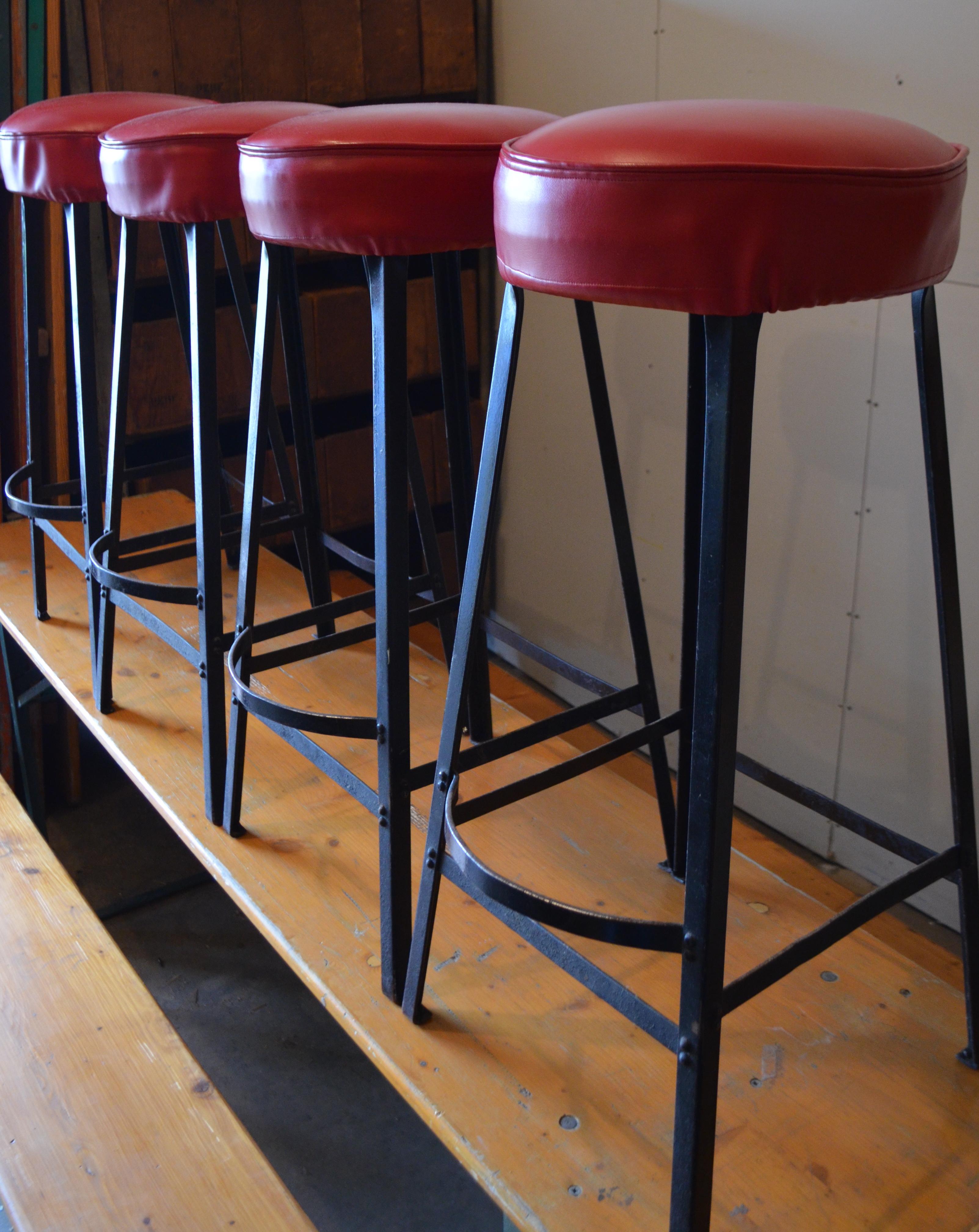 Bar Stools with Black Steel Frames and Startlingly Red Vinyl Seats. Set of 8 6