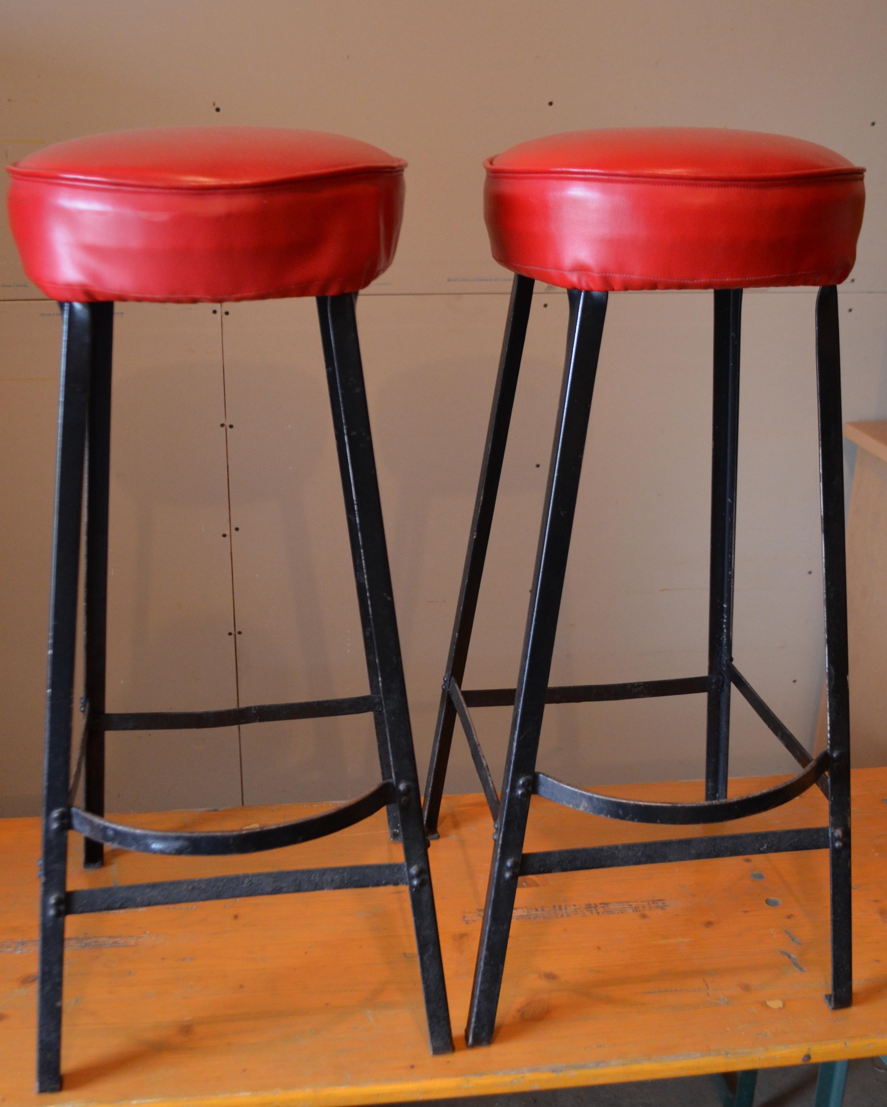 Bar Stools with Black Steel Frames and Startlingly Red Vinyl Seats. Set of 8 8