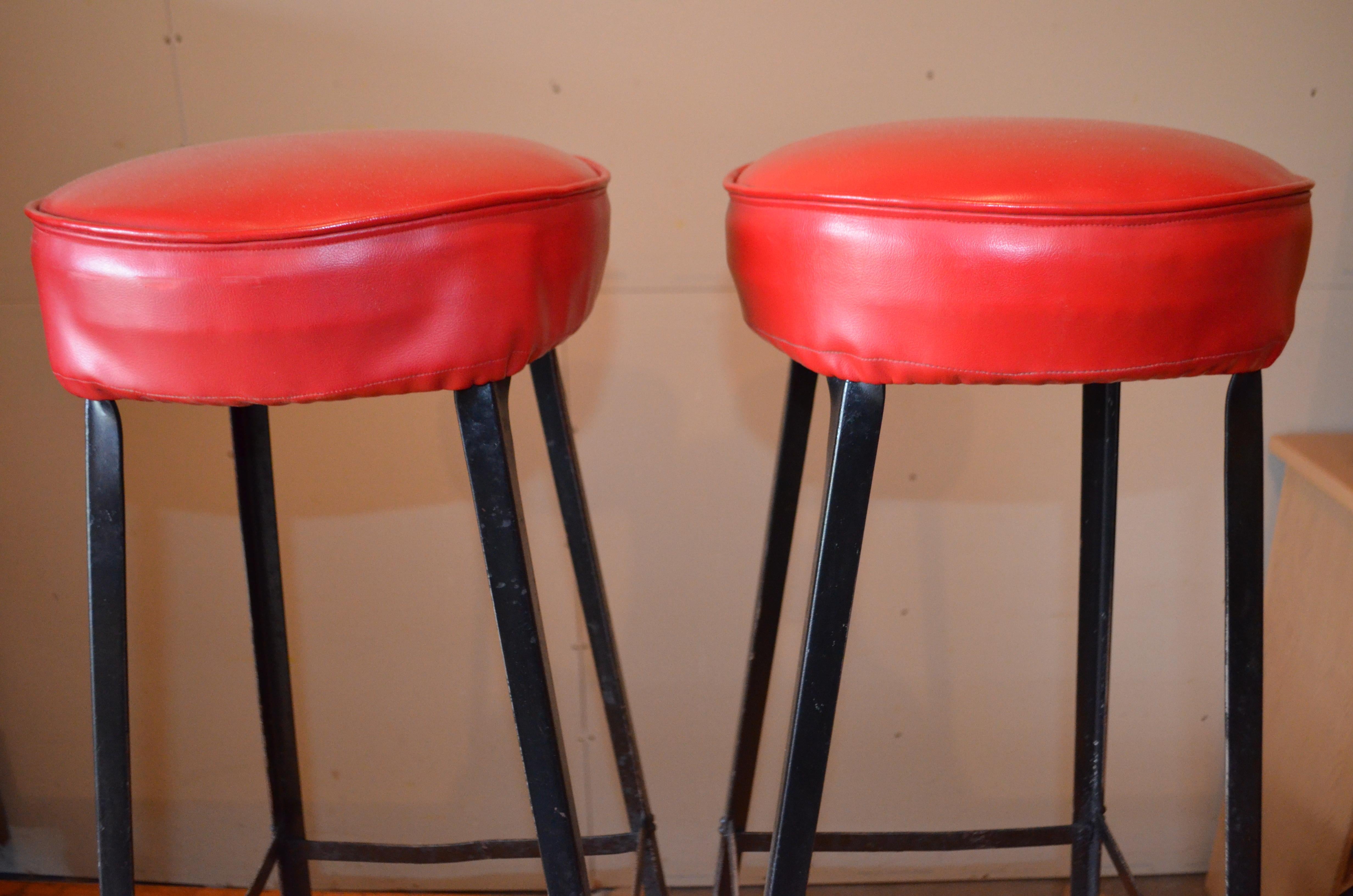 Bar Stools with Black Steel Frames and Startlingly Red Vinyl Seats. Set of 8 9