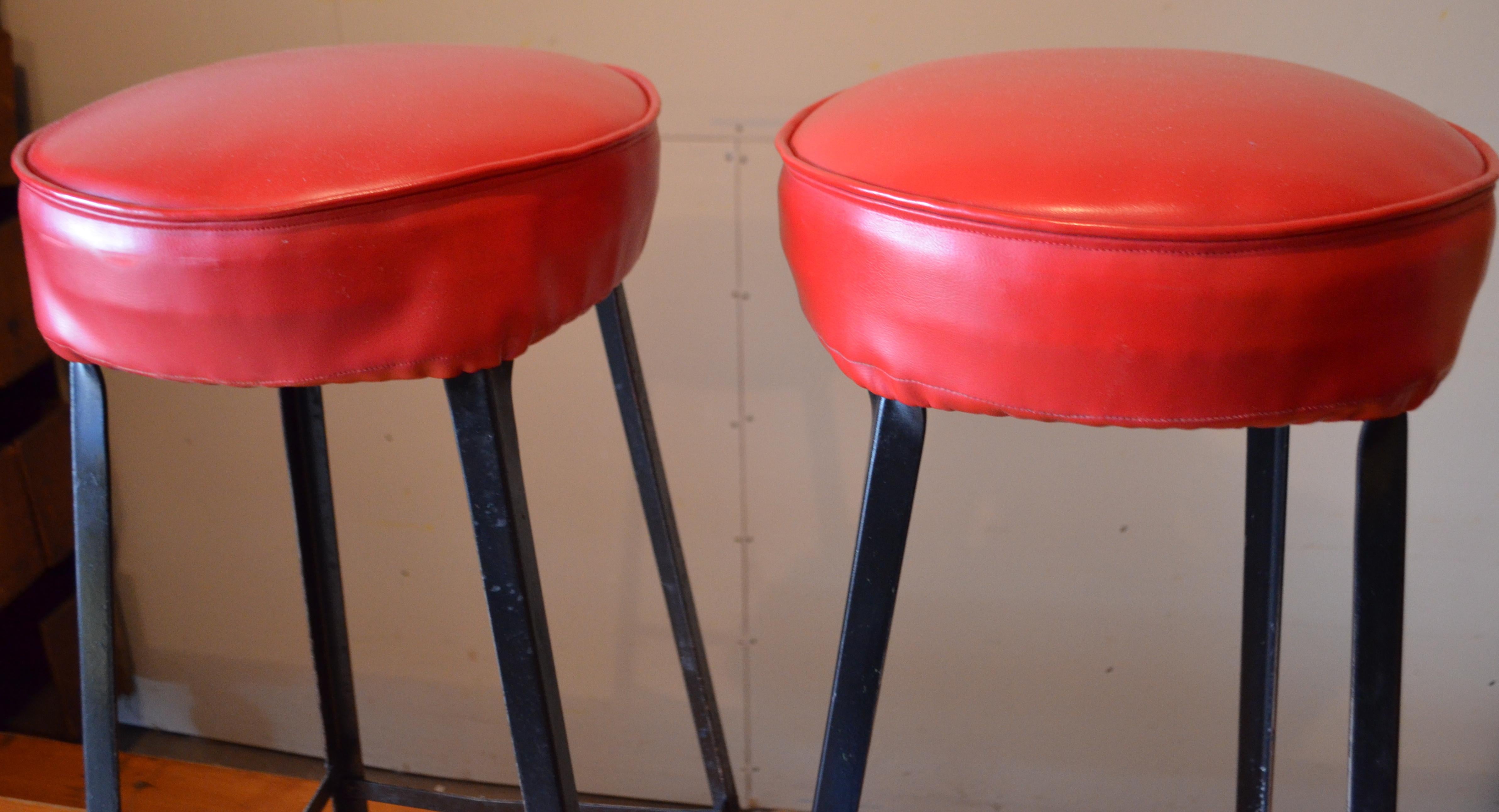 Bar Stools with Black Steel Frames and Startlingly Red Vinyl Seats. Set of 8 11
