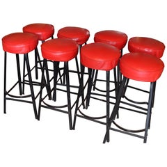 Vintage Bar Stools with Black Steel Frames and Startlingly Red Vinyl Seats. Set of 8