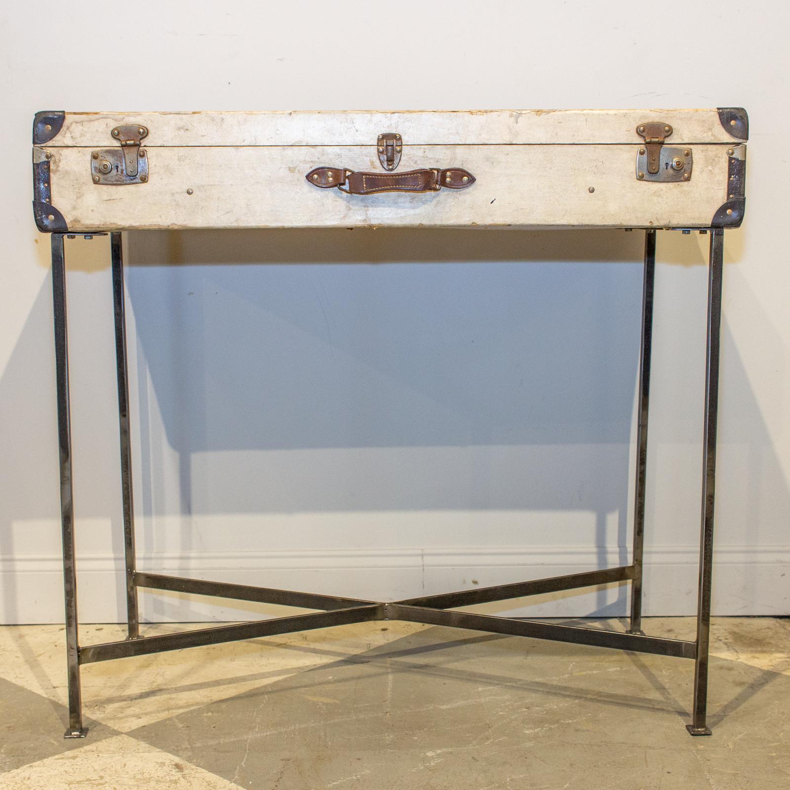 Bar Table Crafted with Vintage French Luggage & Custom Iron Base In Good Condition For Sale In Houston, TX