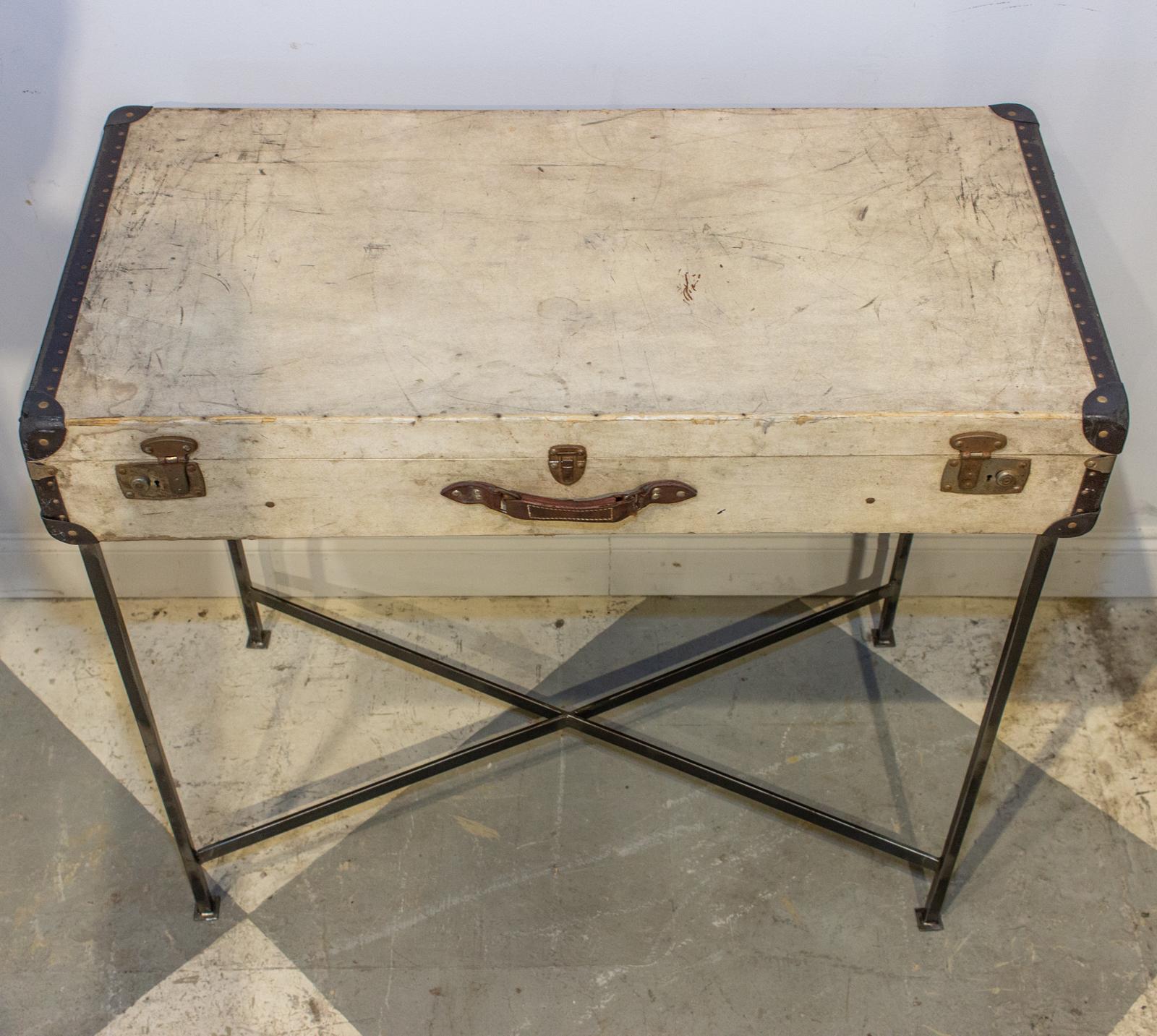 20th Century Bar Table Crafted with Vintage French Luggage & Custom Iron Base For Sale