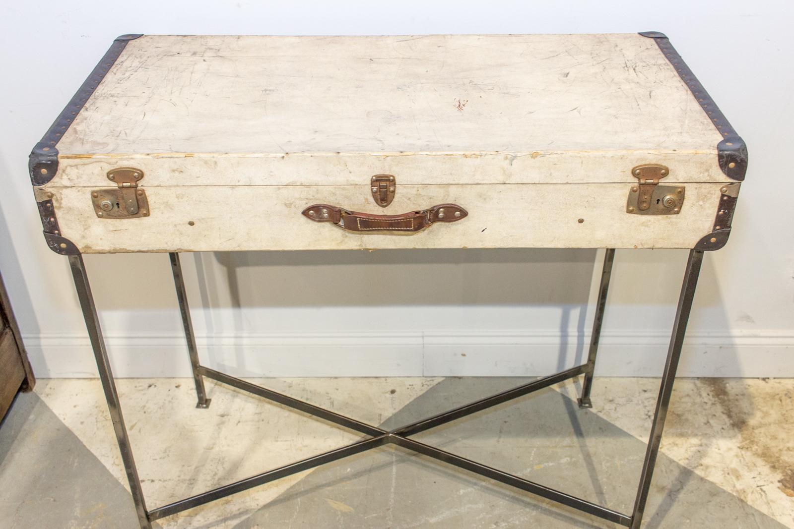 Leather Bar Table Crafted with Vintage French Luggage & Custom Iron Base For Sale