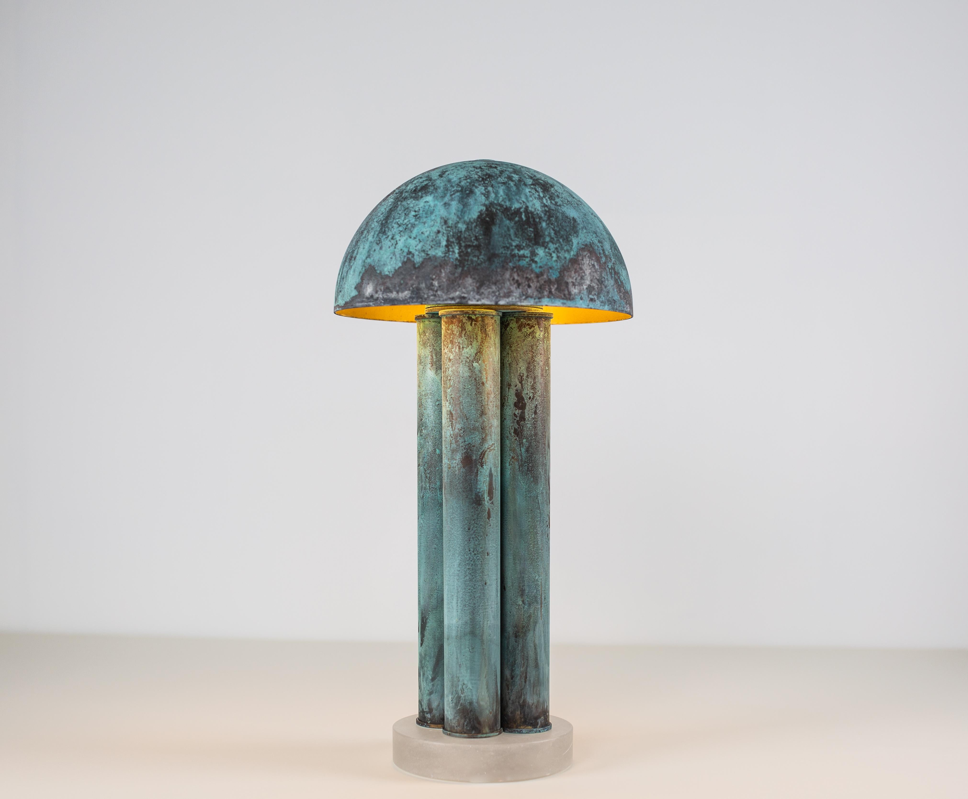 BAR is a table lamp by Kalin Asenov. Alabaster base, verdigris patina, and column, supporting a brass dome. 

Every piece is made to order which allows us to create variations in dimensions and finish as specified by the customer. 
Lead time is
