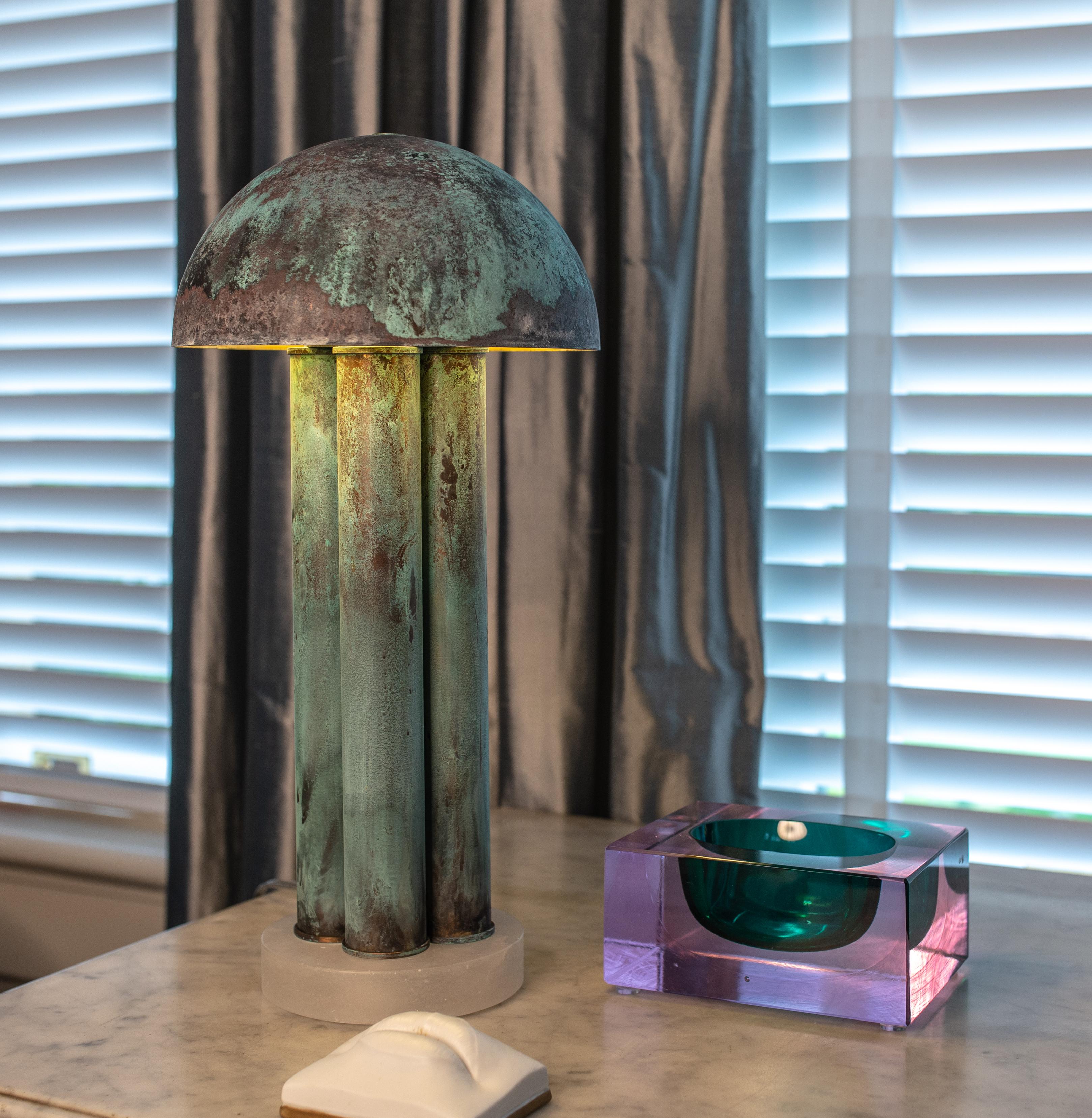 American Bar Table Lamp, Contemporary Lamp, Verdigris, Brass, Alabaster by Kalin Asenov For Sale