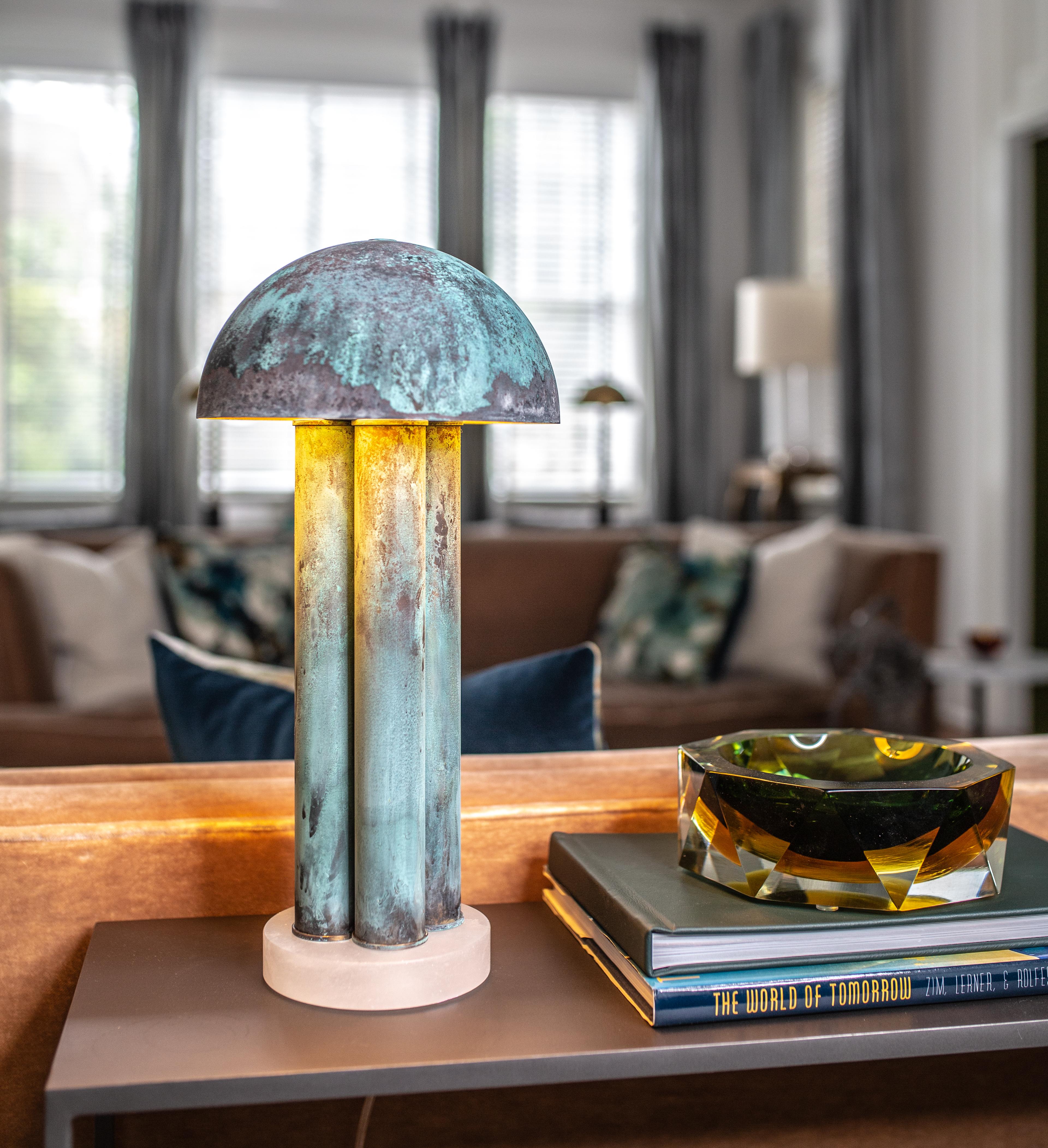 Patinated Bar Table Lamp, Contemporary Lamp, Verdigris, Brass, Alabaster by Kalin Asenov For Sale